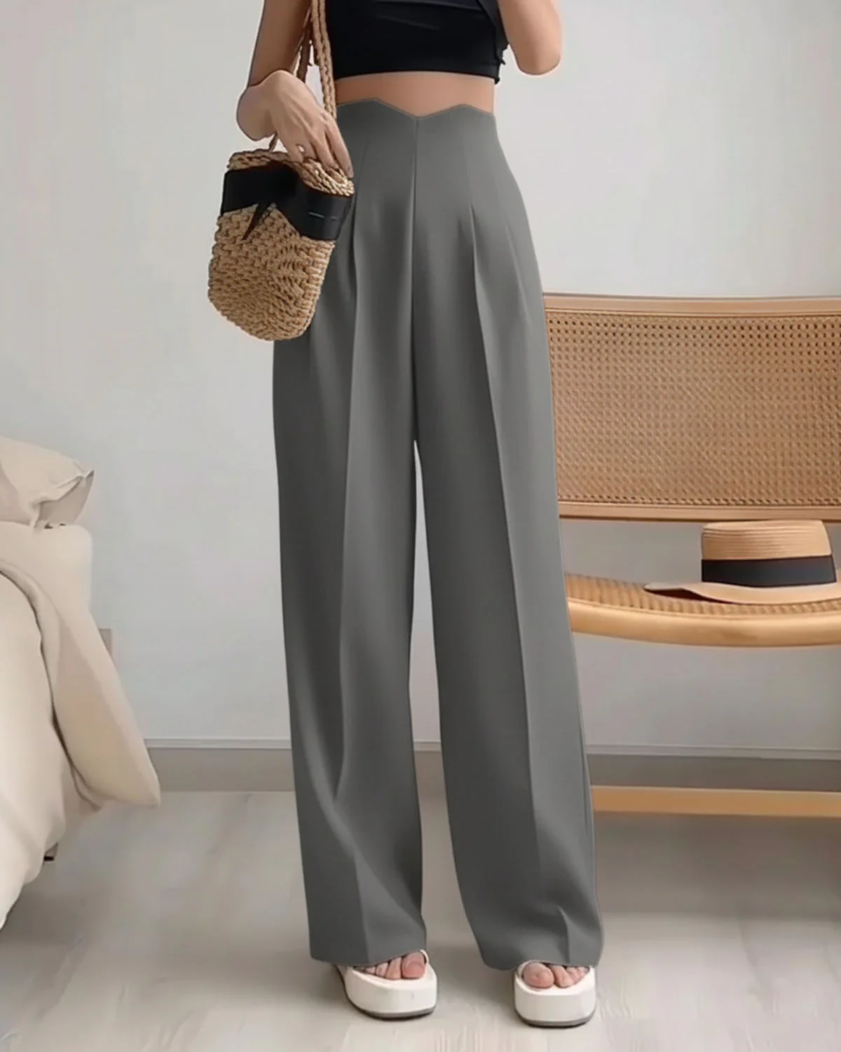 Corset Waist Pleated Pants - Light Grey