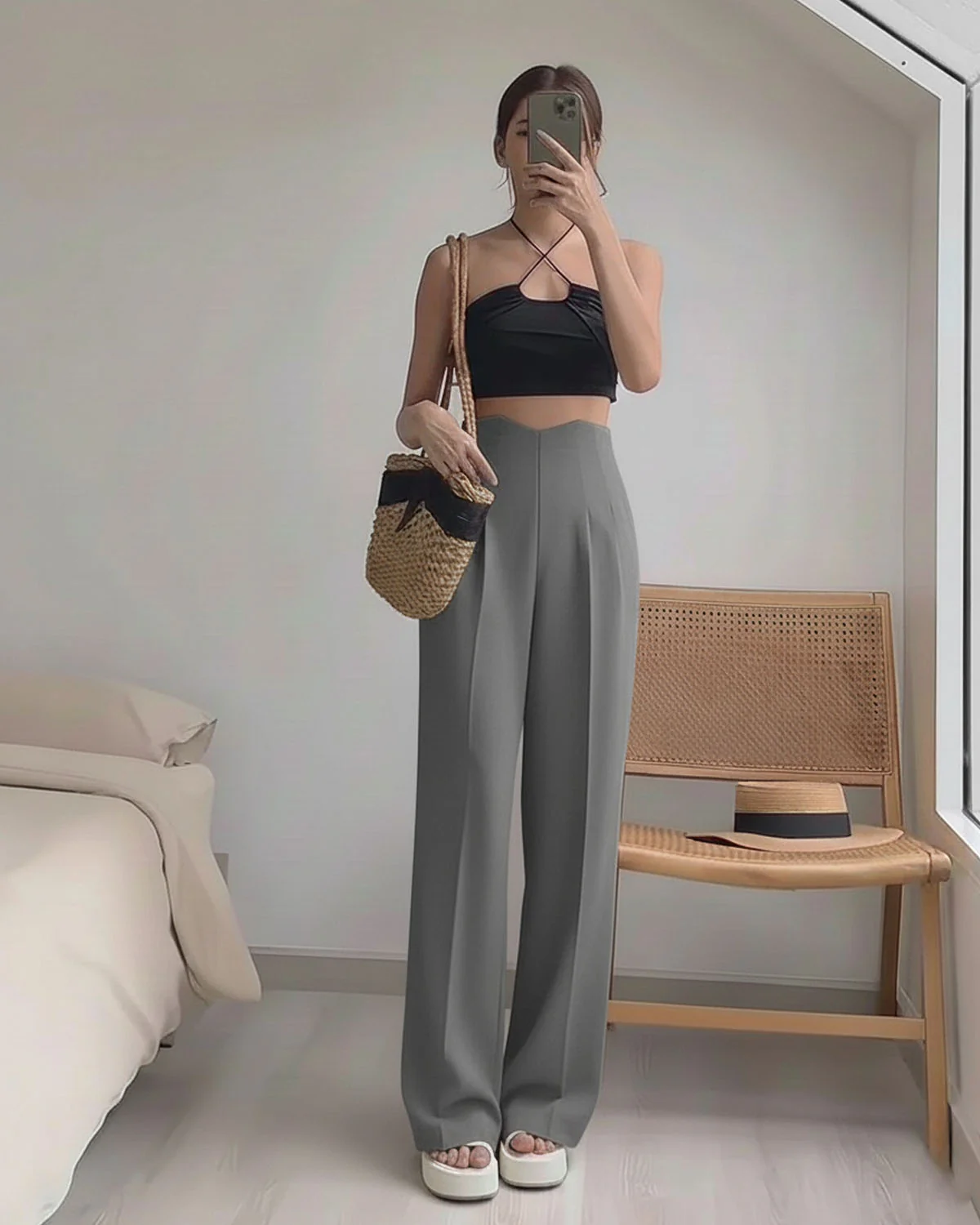 Corset Waist Pleated Pants - Light Grey - Image 2