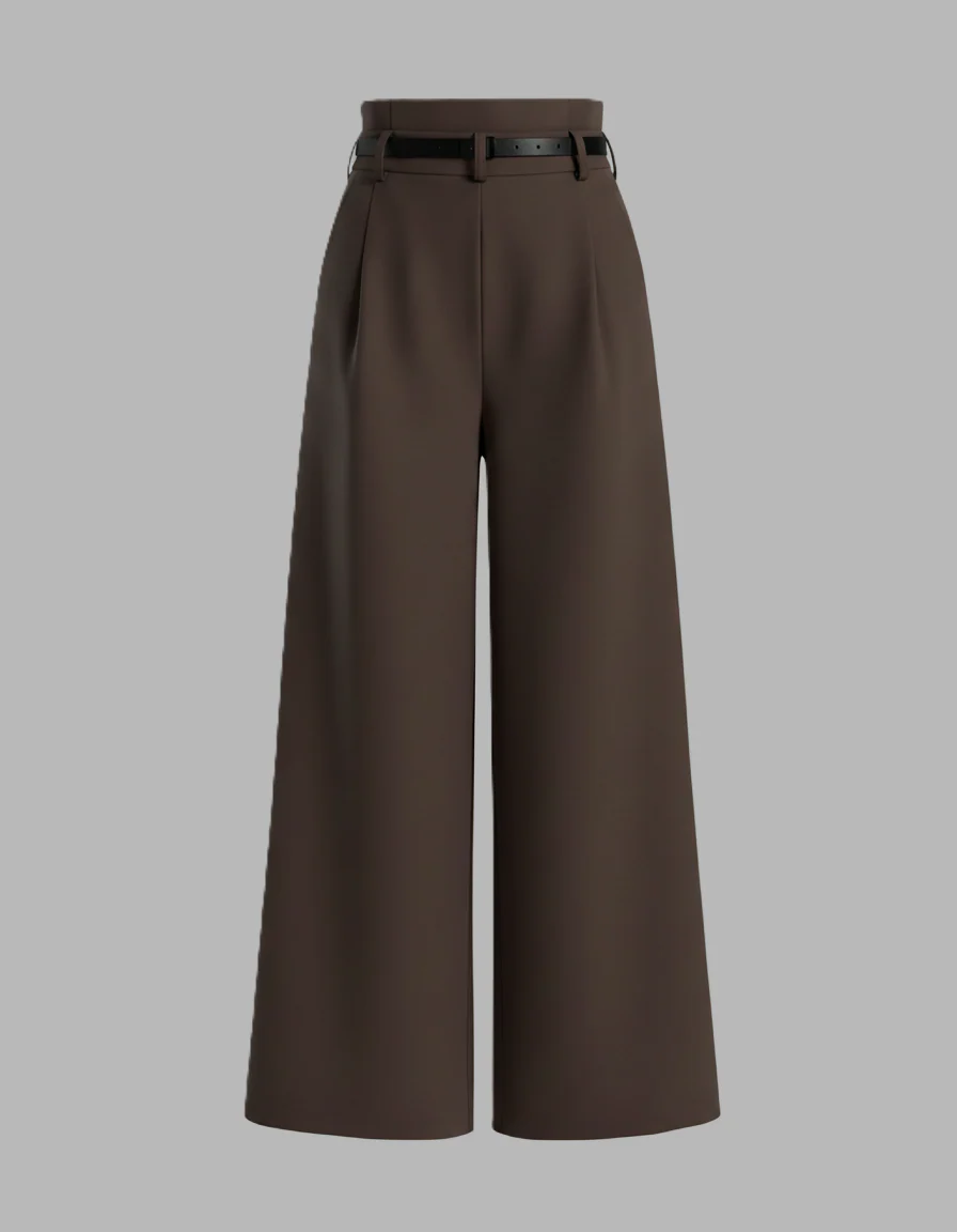 Dark Brown Pleated Pants With Belt - Image 2