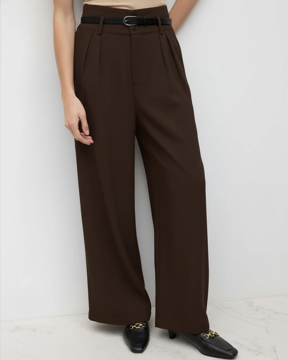 Dark Brown Pleated Pants With Belt - Image 3