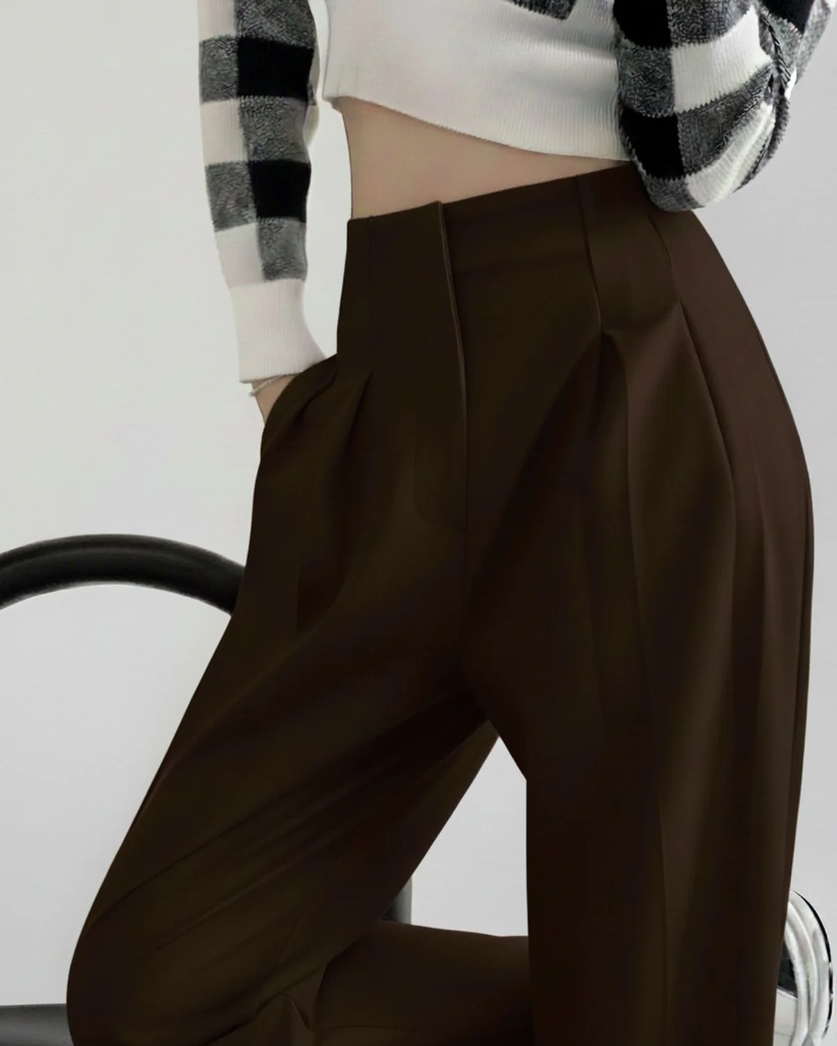 Dark Brown Smocked Detail Korean Trousers
