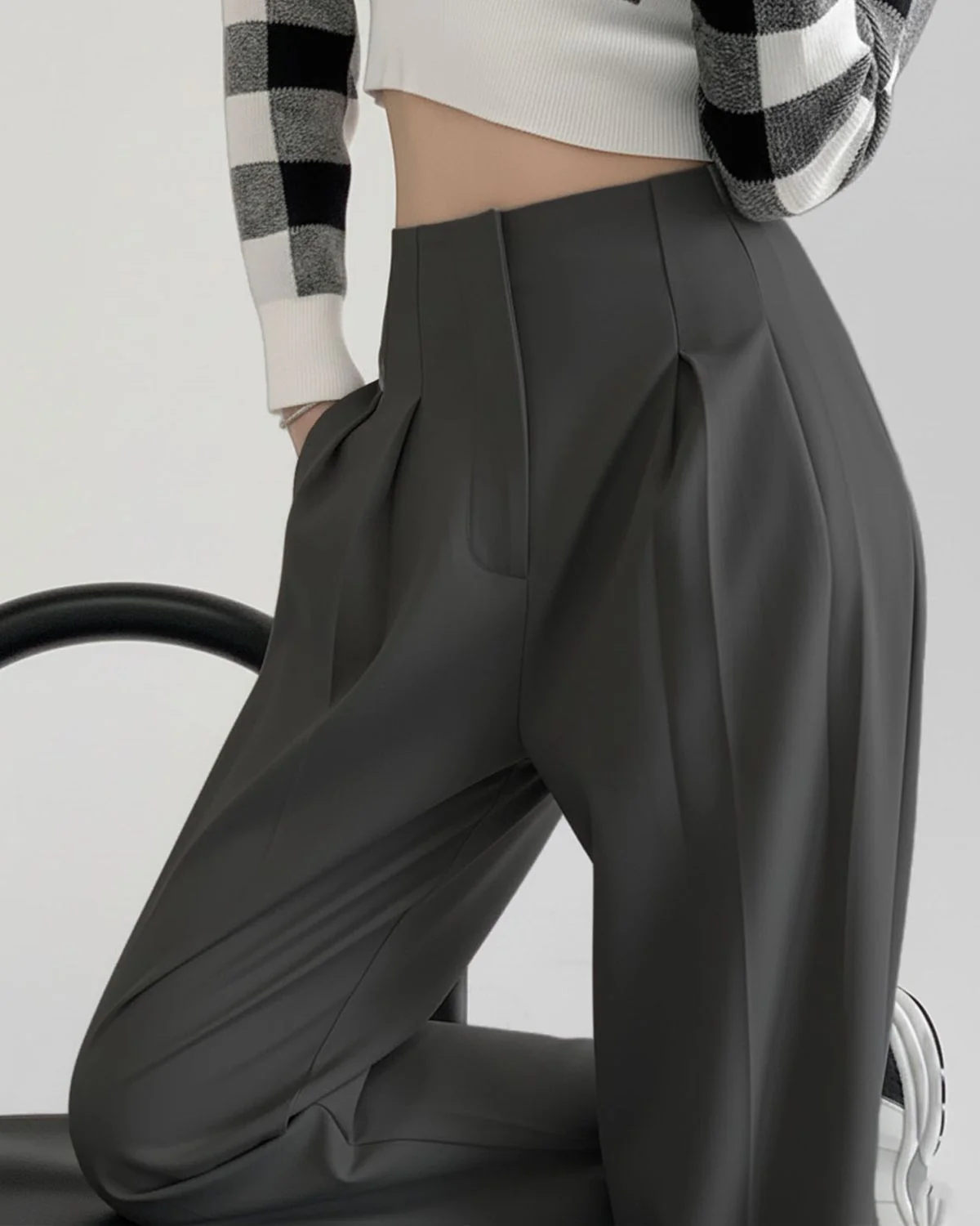 Dark Grey Smocked Detail Korean Trousers