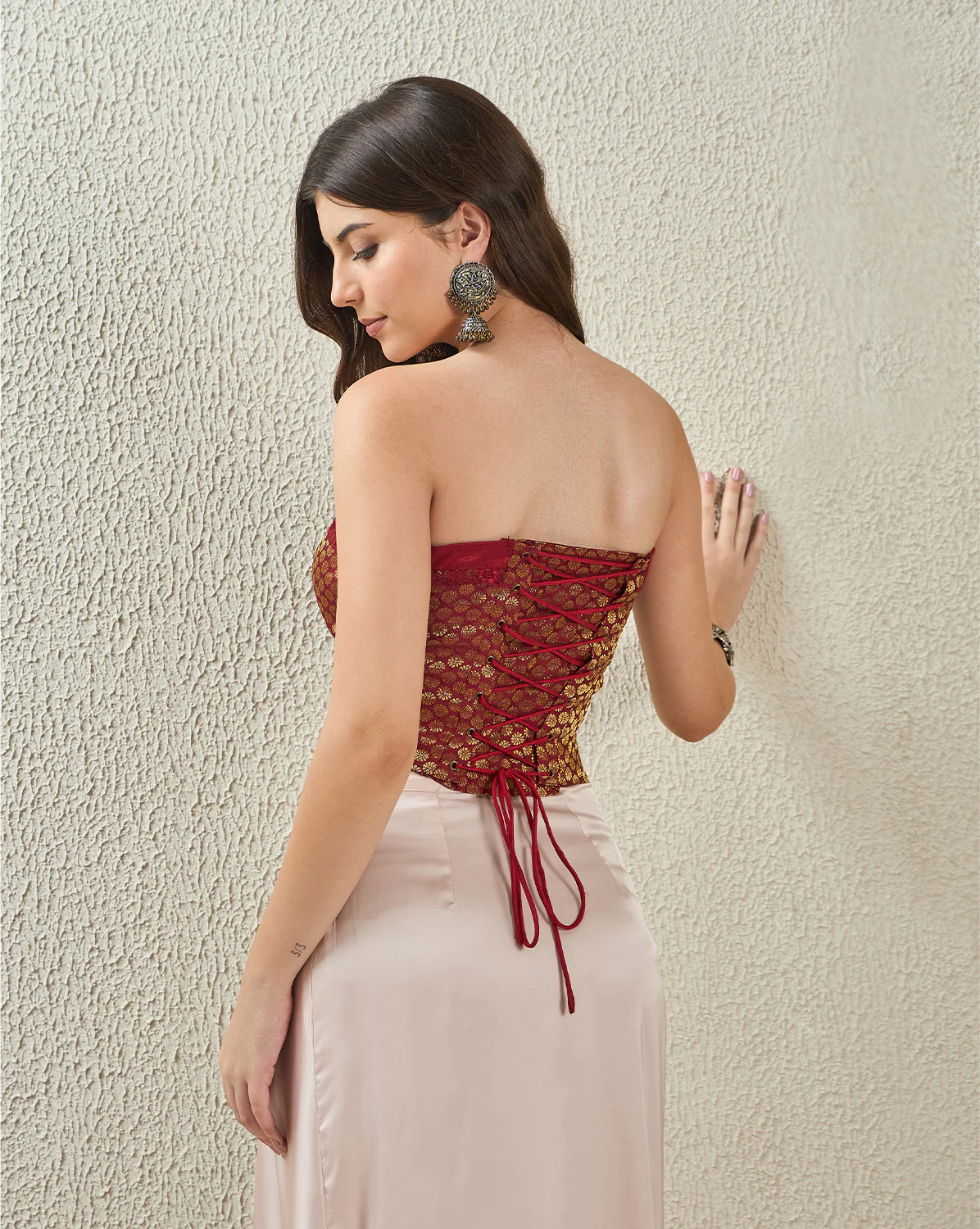 Deep Red Off Shoulder Brocade Corset Top - Image 6