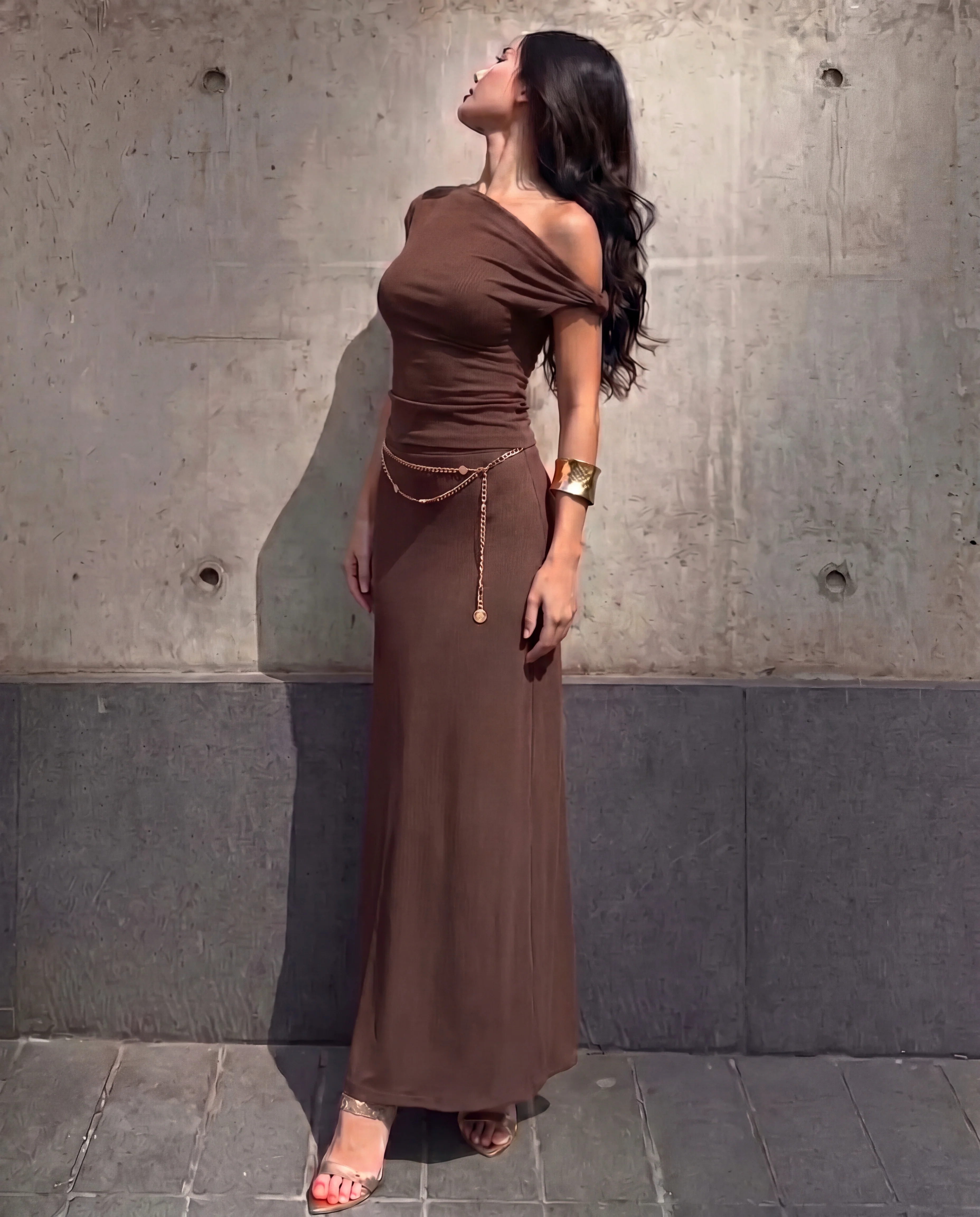 Brown Fitted Knot Shoulder Top & Skirt Set