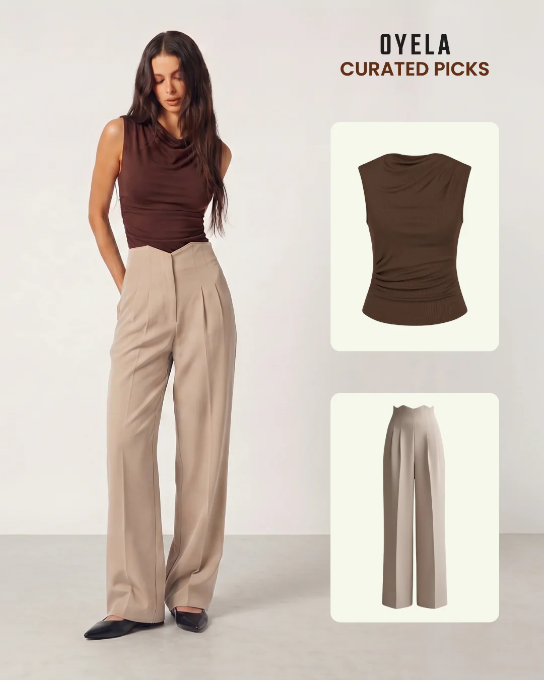 Earthy Brown Cowl Top and Corset Waist Pleated Pants