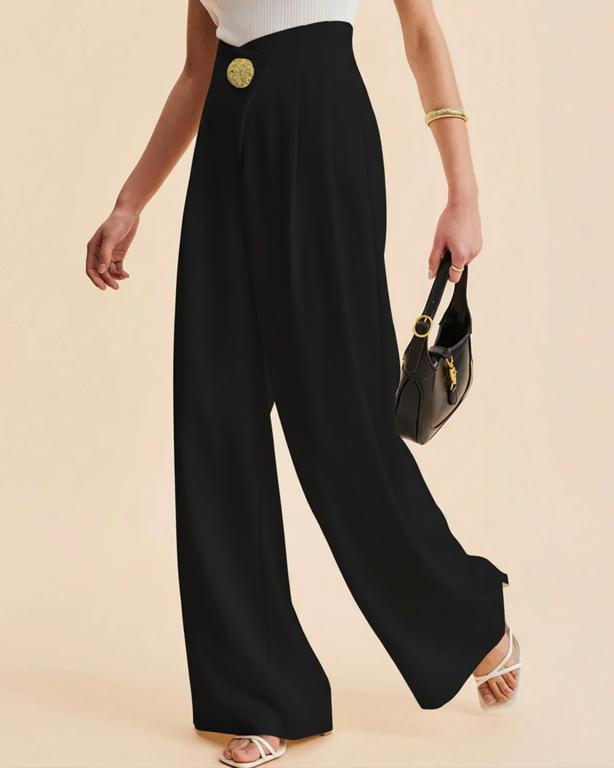 High Waist Wide Leg Trouser With Gold Accent - Image 4