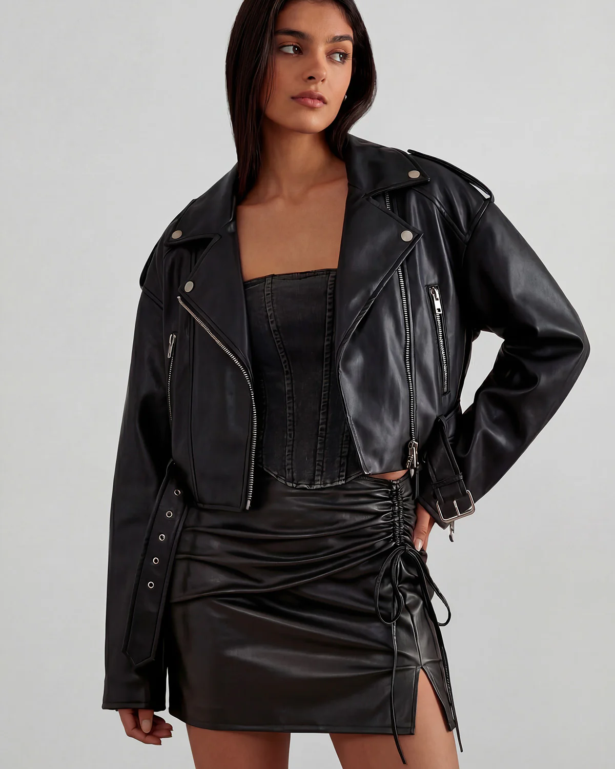 [Set of 2] Belted Leather Jacket & Ruched Leather Skirt Set - Image 5
