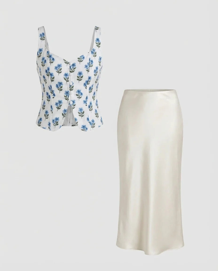 Floral Corset Top With Ivory Satin Skirt - Image 4