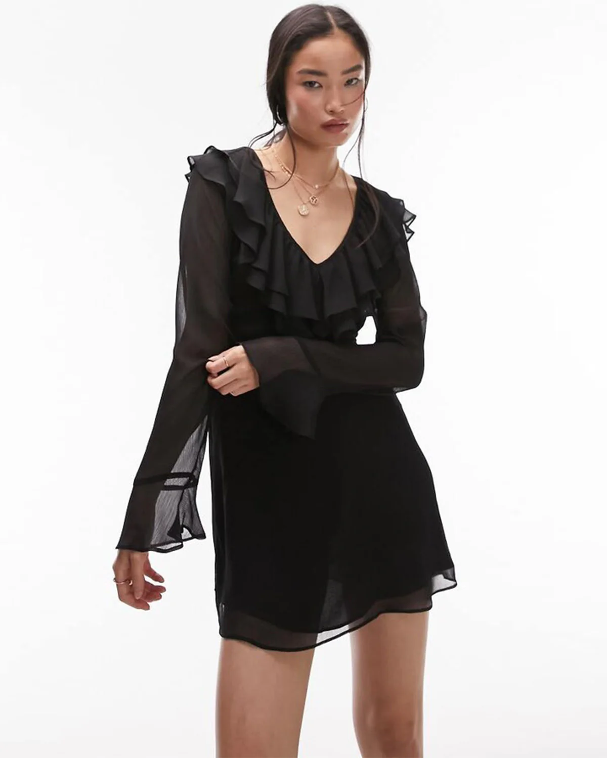 Flounced Neck A-Line Black Dress