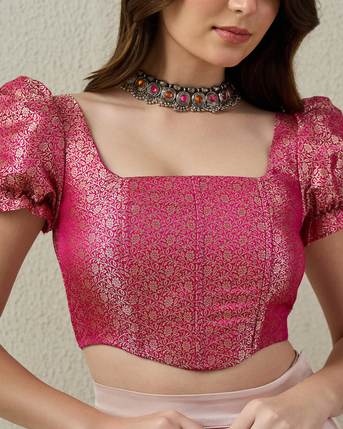Fuschia Pink Puff Sleeves Brocade Corset Top