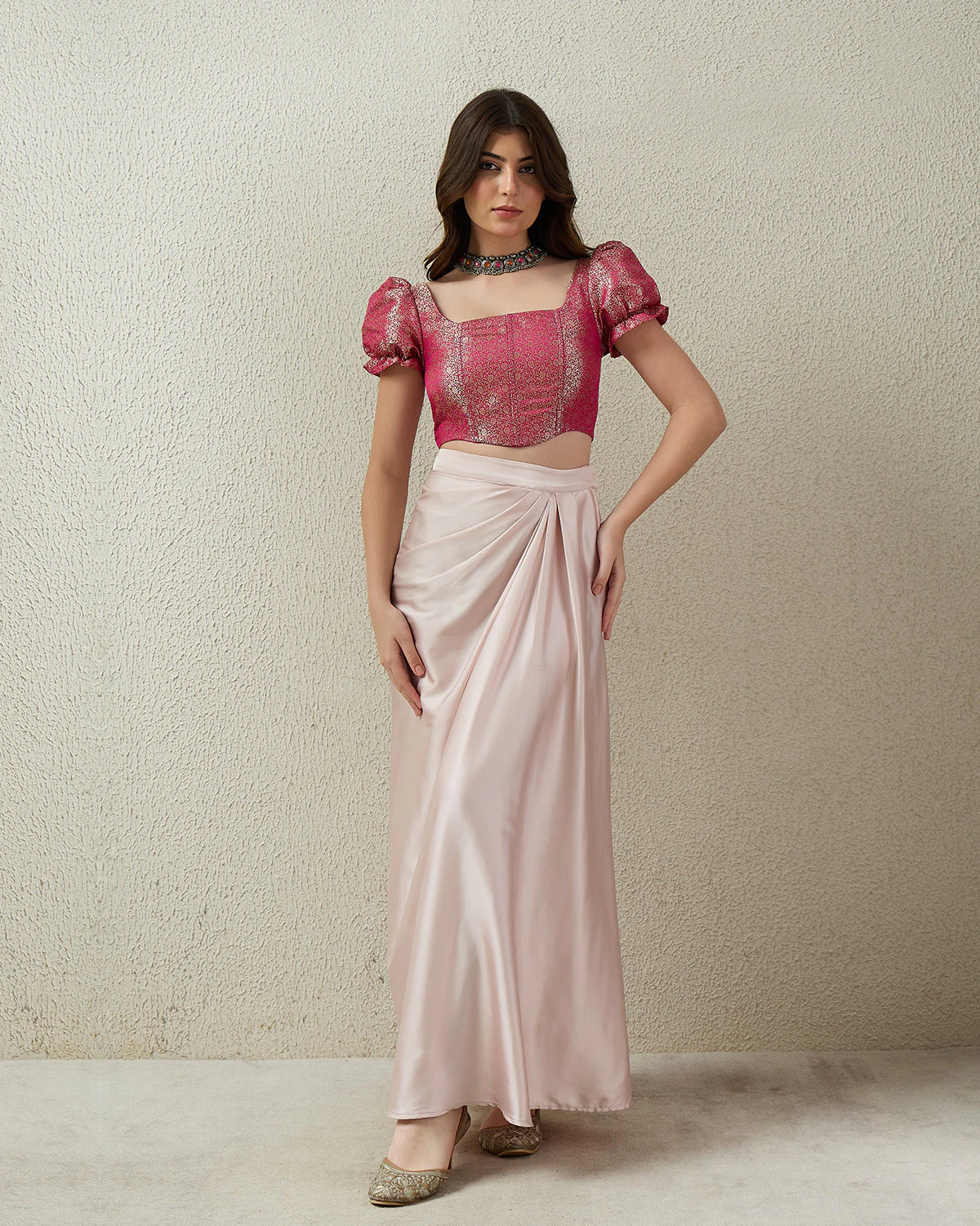 Fuschia Pink Puff Sleeves Brocade Corset Top - Image 6