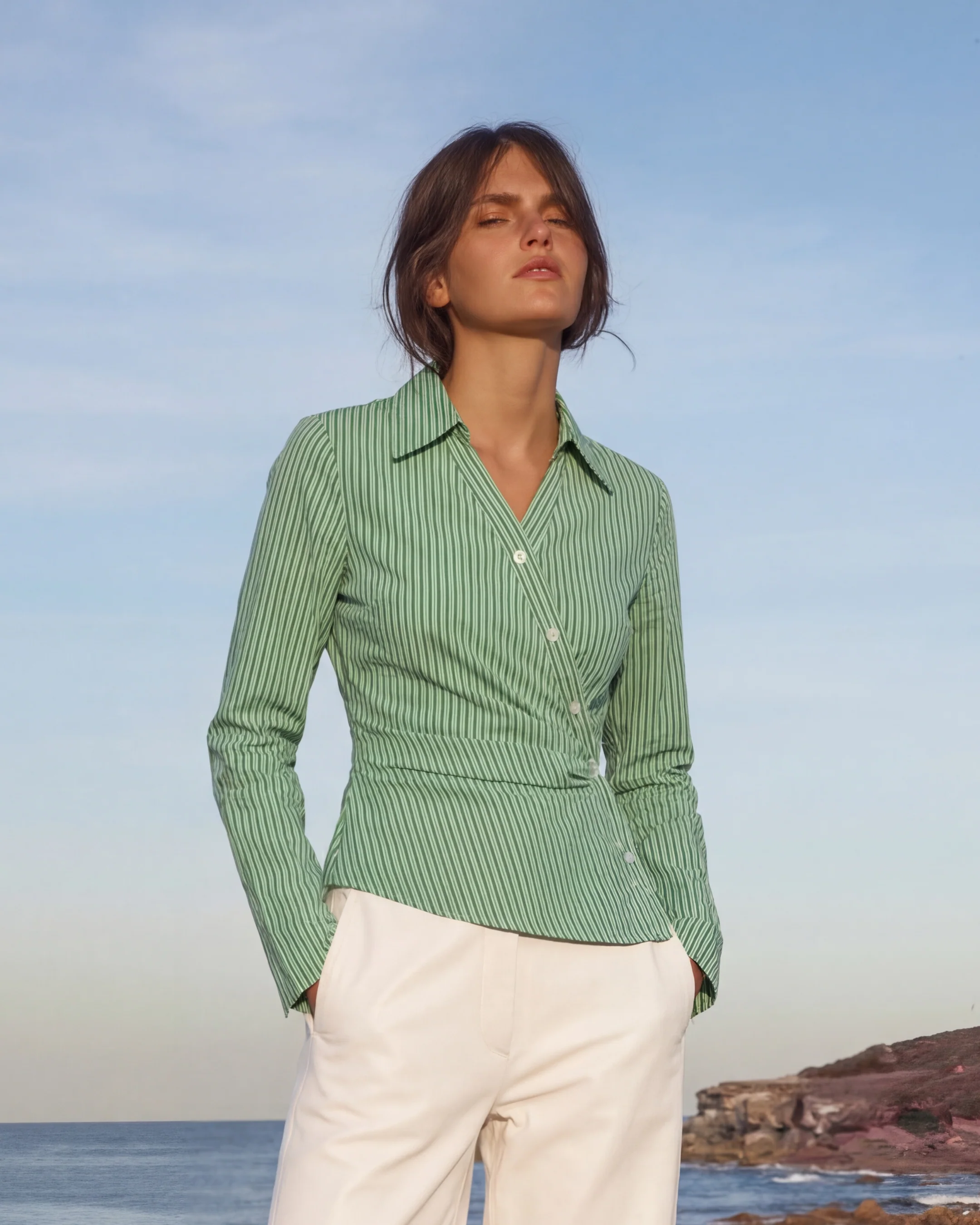 Green Snatched Waist Striped Shirt