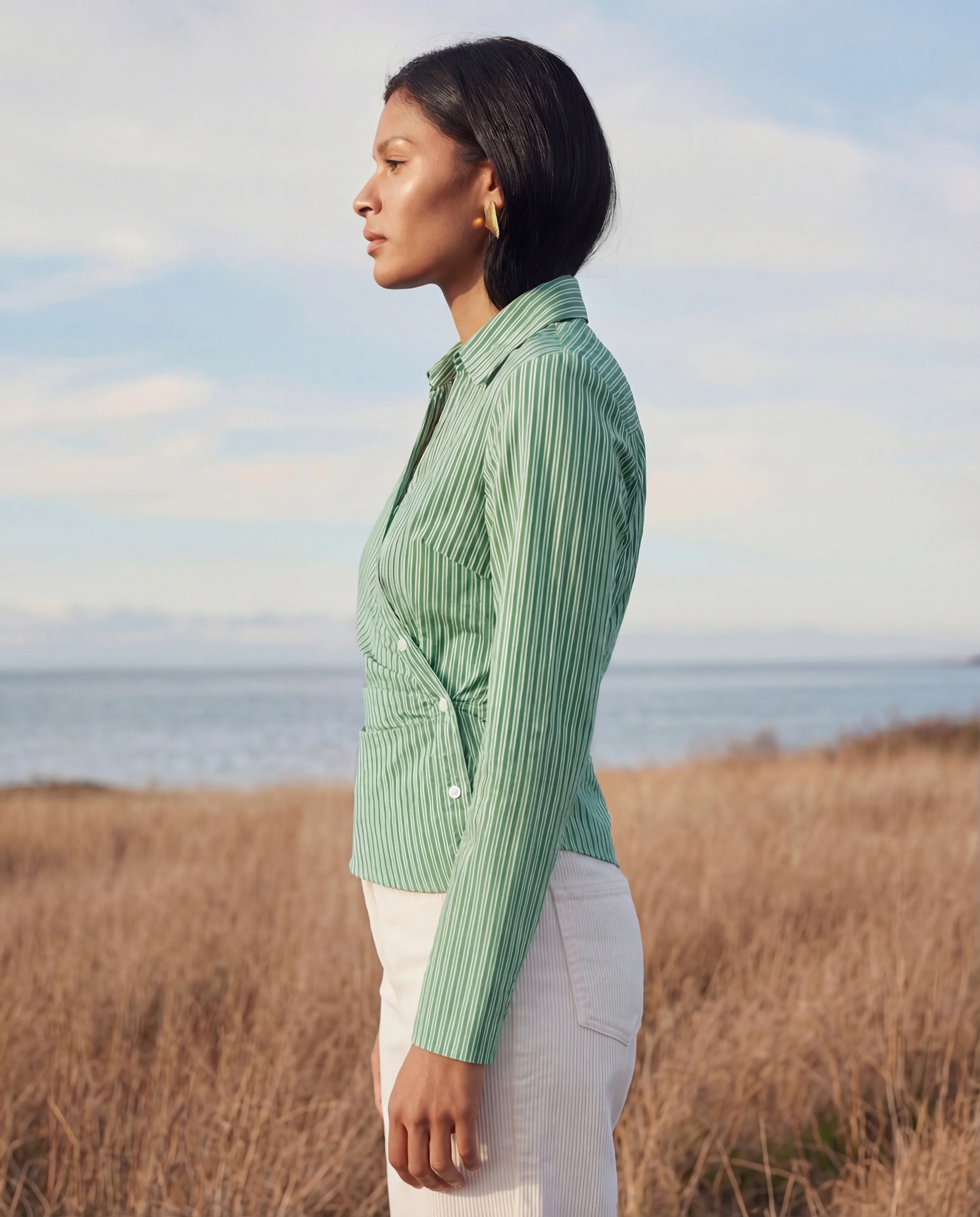 Green Snatched Waist Striped Shirt - Image 3