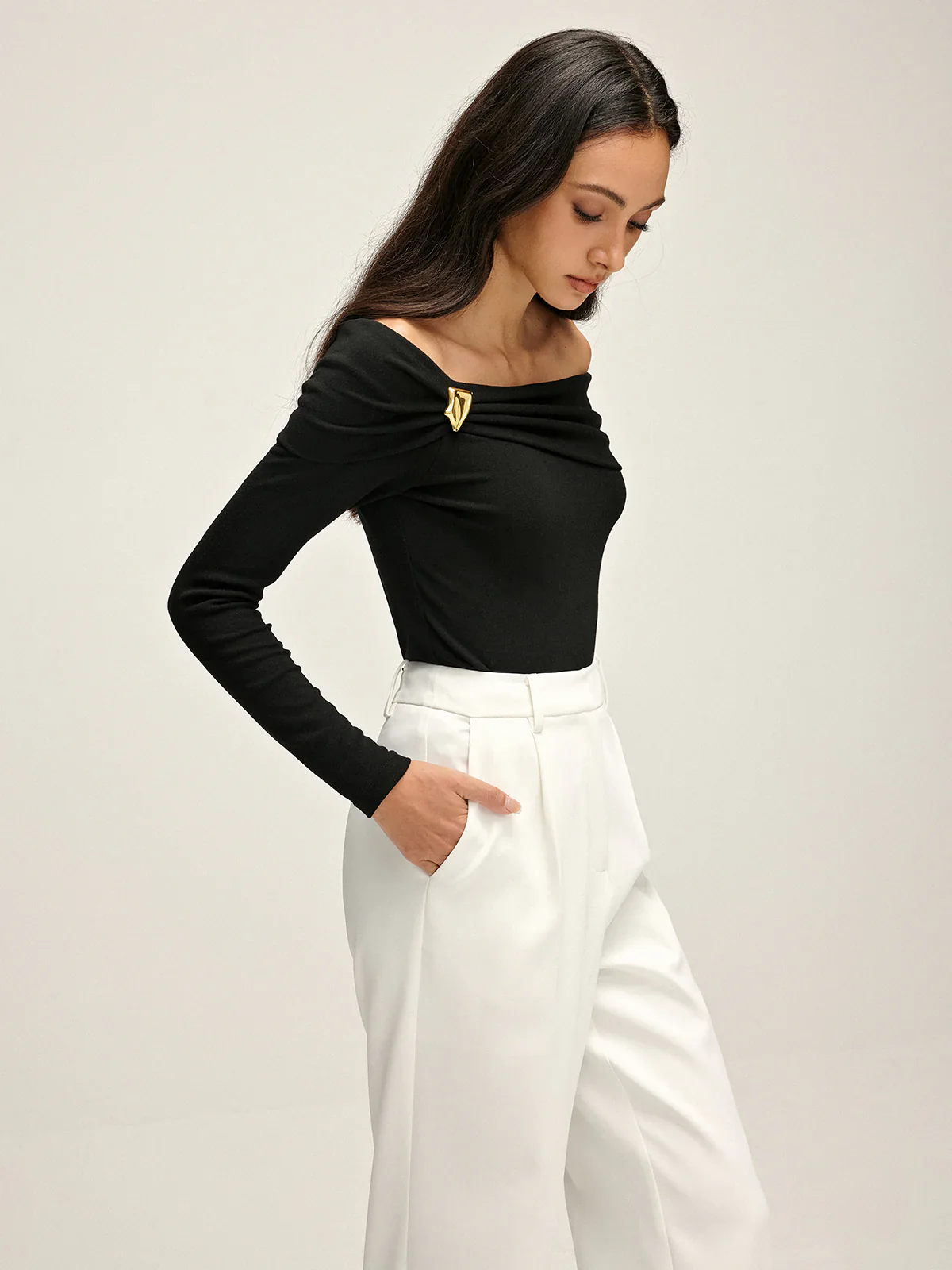 Long Sleeve Draped Off Shoulder Top - Image 4