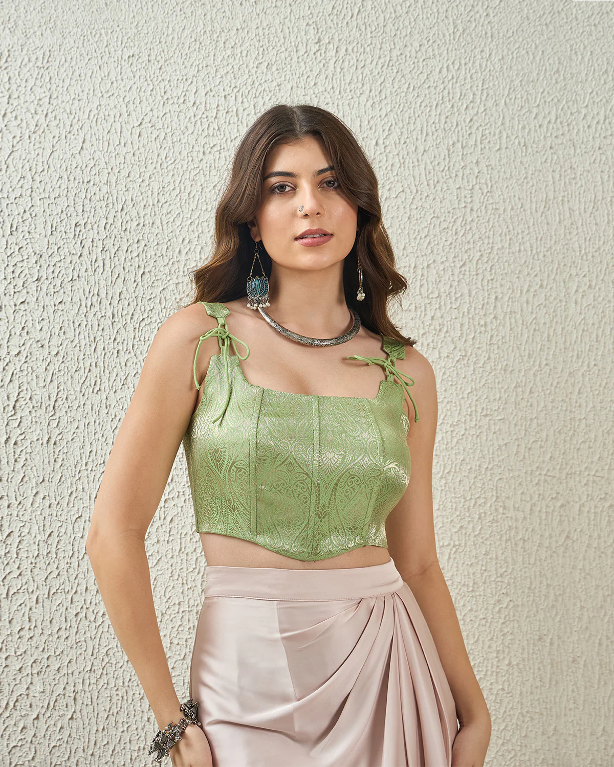 Mint Green Brocade Corset Top - Image 2