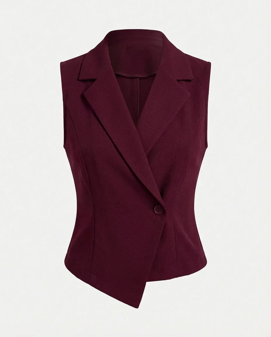 Notch Collar Waist Coat - Maroon - Image 6