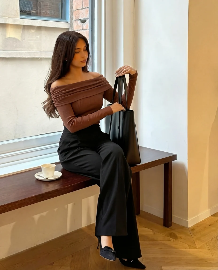Off Shoulder Top With Pleated Korean Pants Cord Set - Image 6