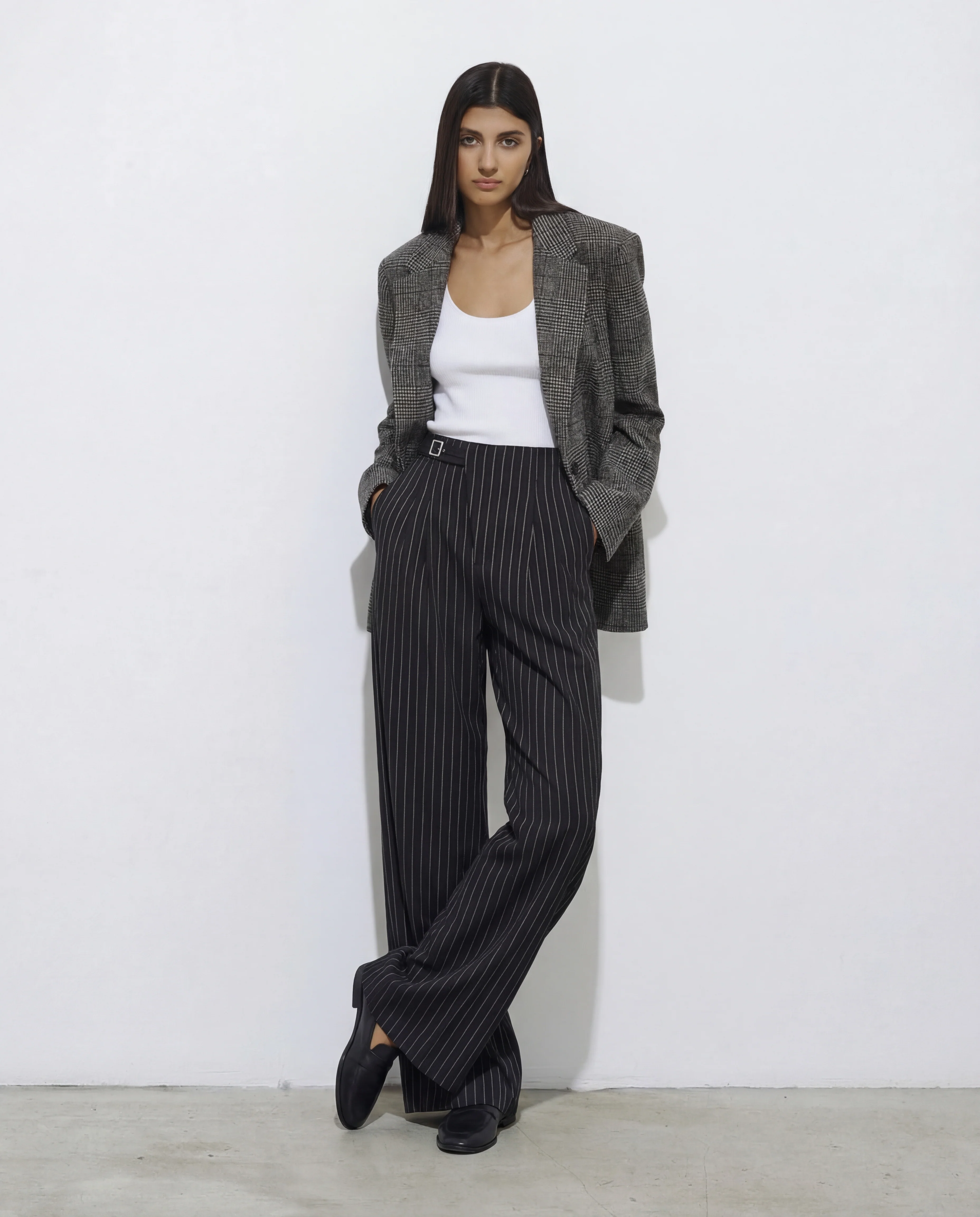 Pinstriped Belt Detail Wide Leg Pants - Image 4