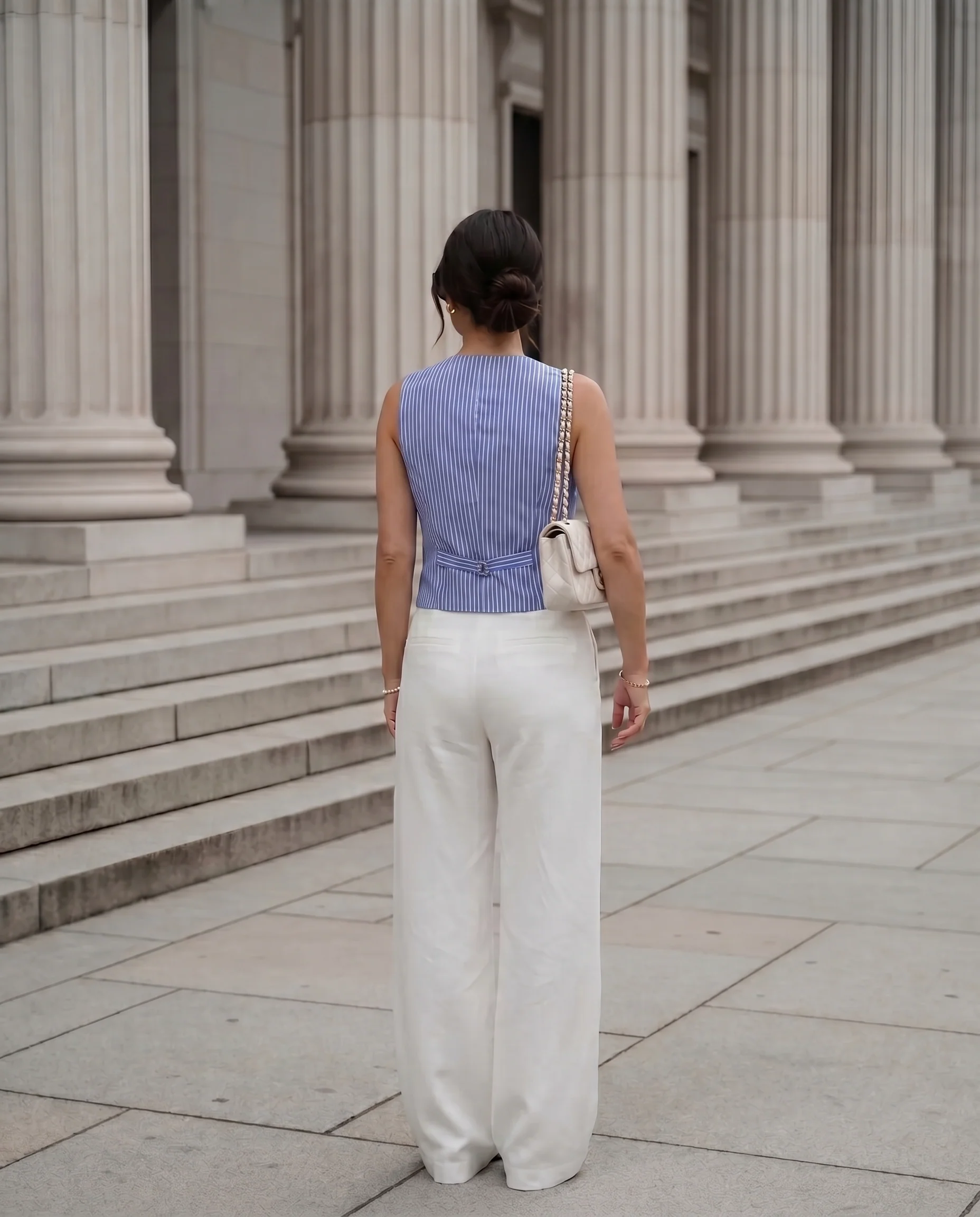 Pinstripes Blue Cotton Waistcoat and White Pleated Pants With Belt - Image 4