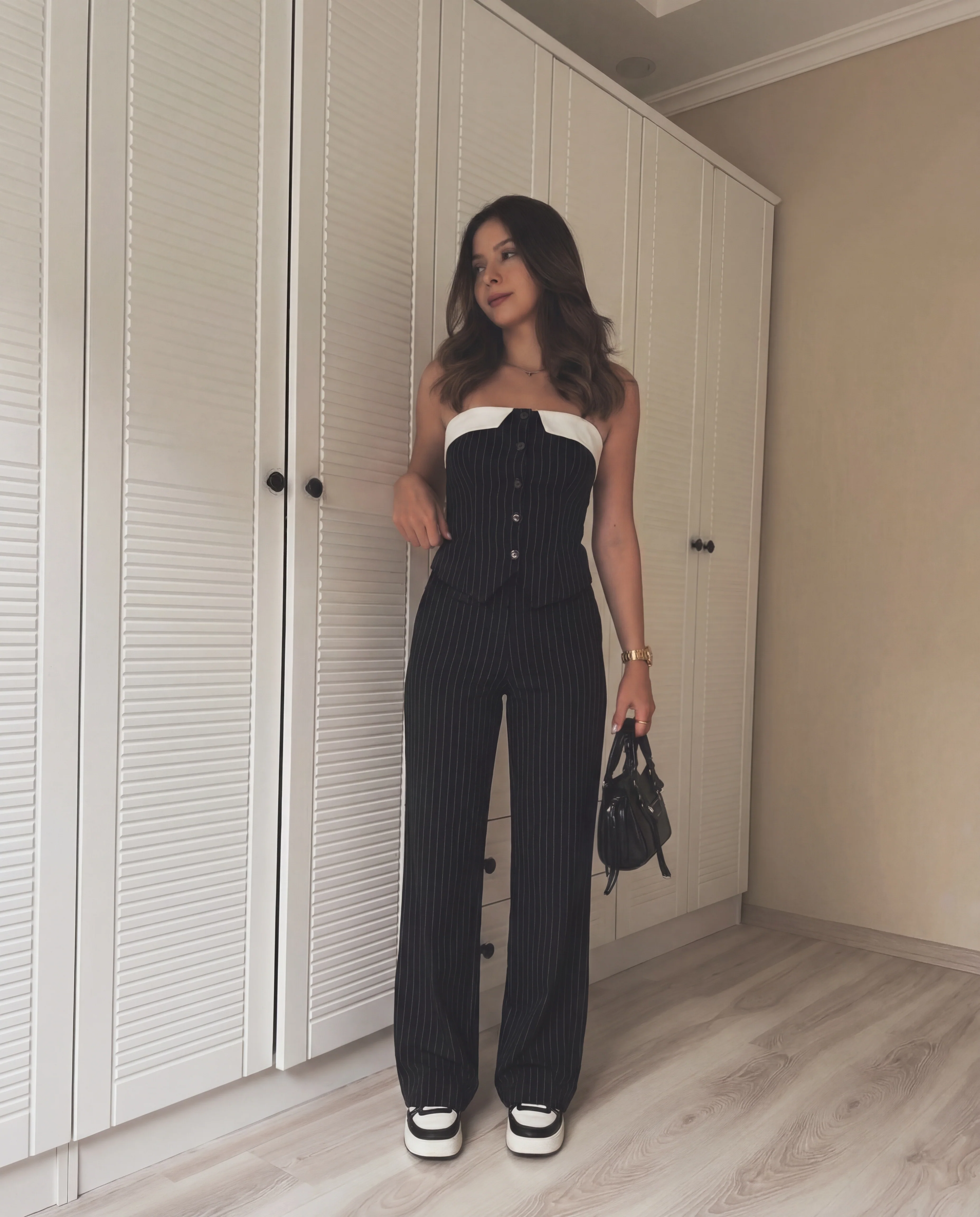 Pinstripes Button-Front Corset Top With Straight Pants - Image 7