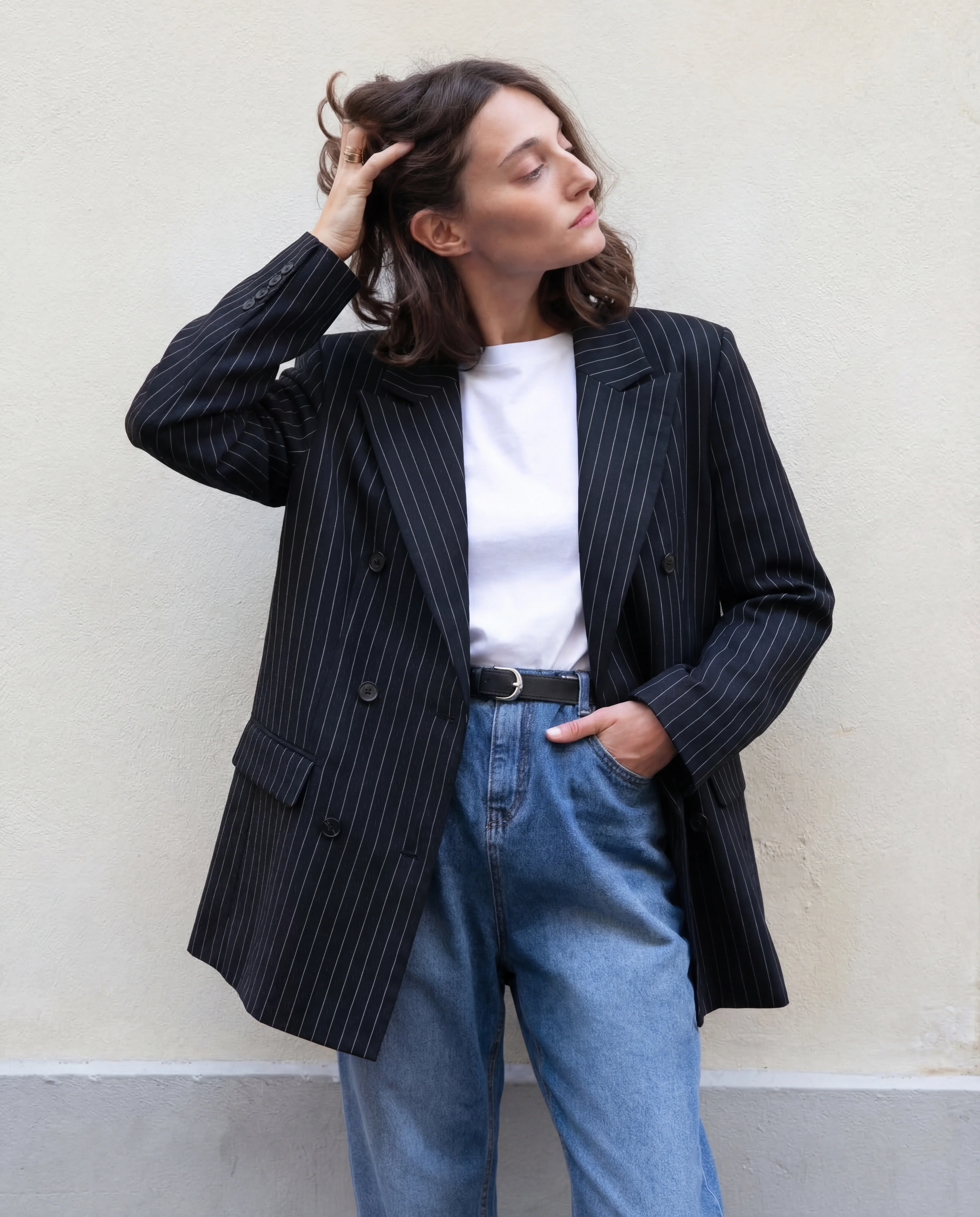 Pinstripes Double Breasted Blazer With Belt - Image 3