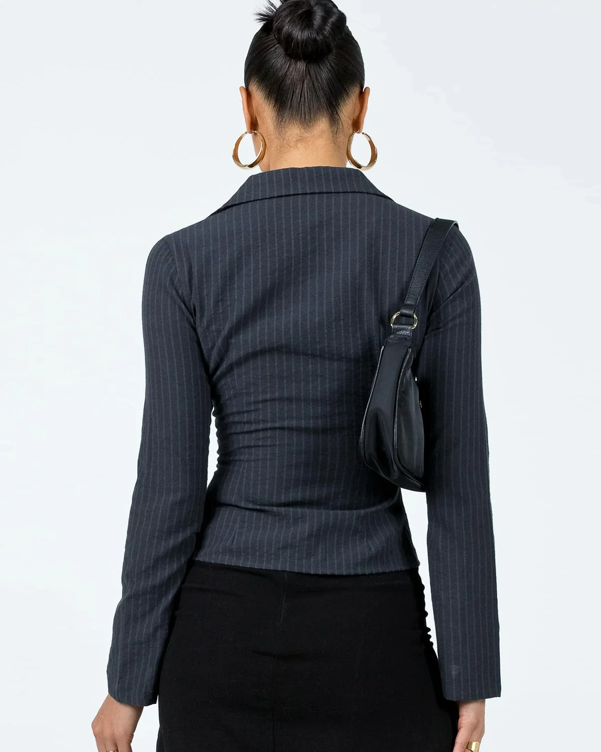 Pinstripes Flared Sleeves Shirt in Black - Image 3