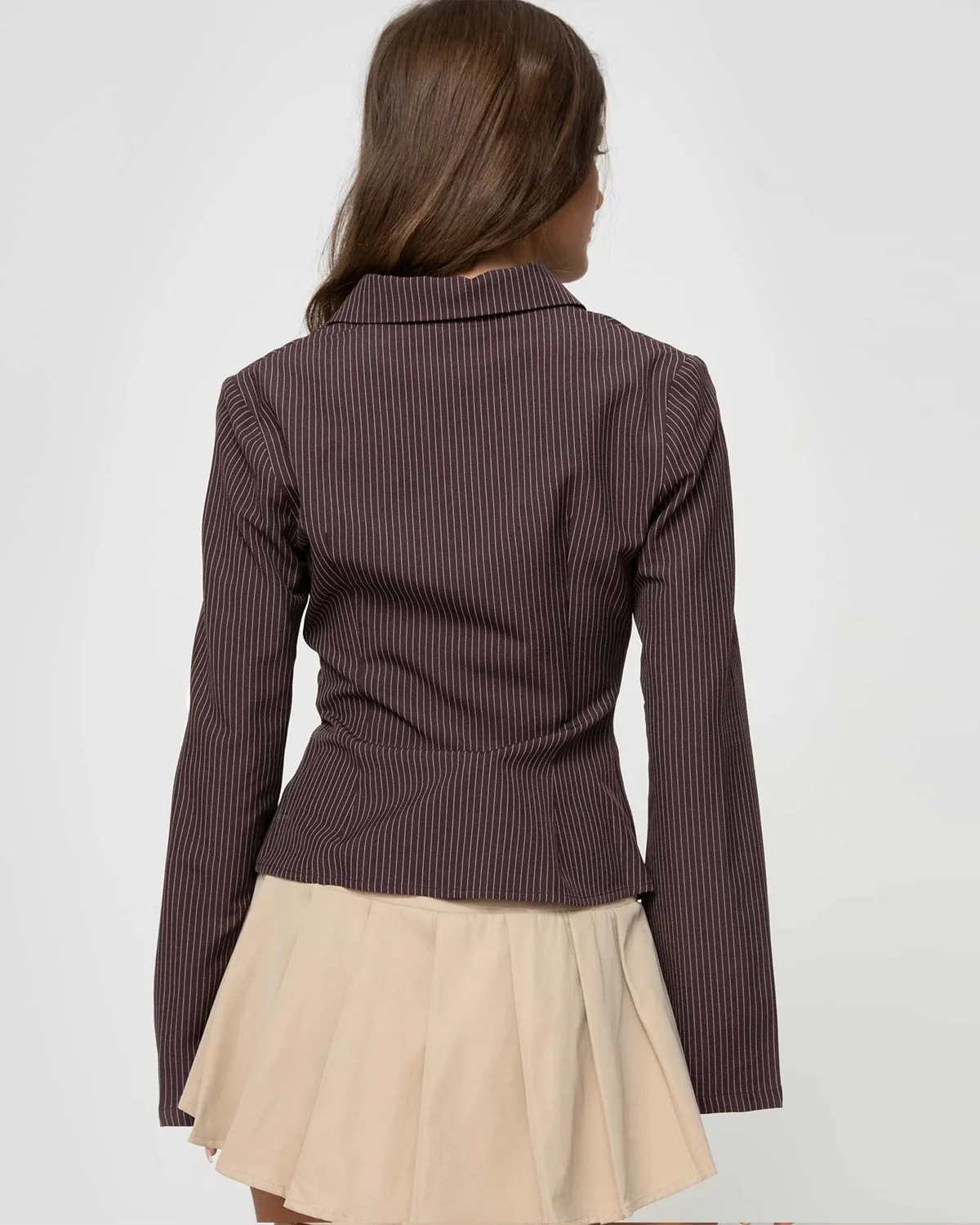 Pinstripes Flared Sleeves Shirt in Brown - Image 4