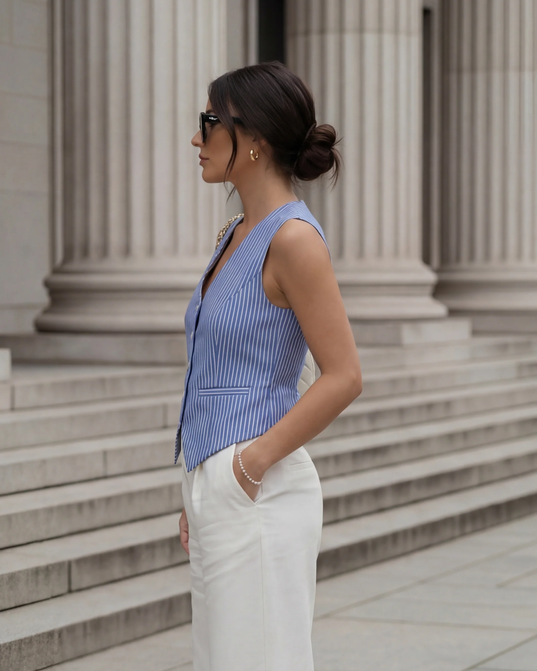 Pinstripes Blue Cotton Waistcoat - Image 3