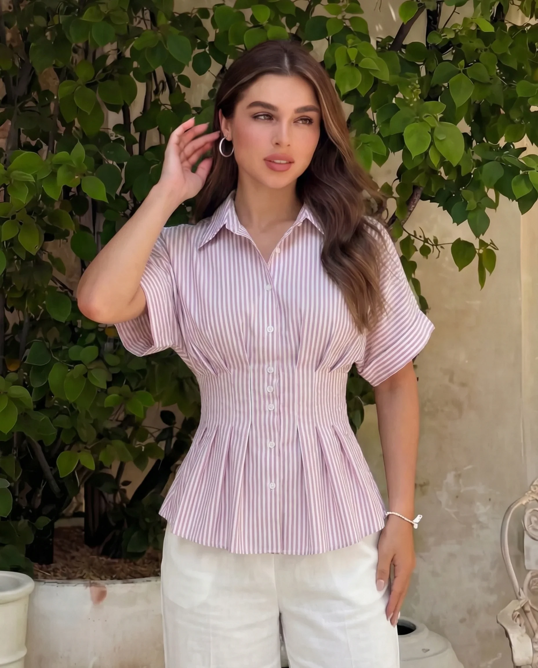 Pleated Cinched Waist Striped Top in Dusty Pink
