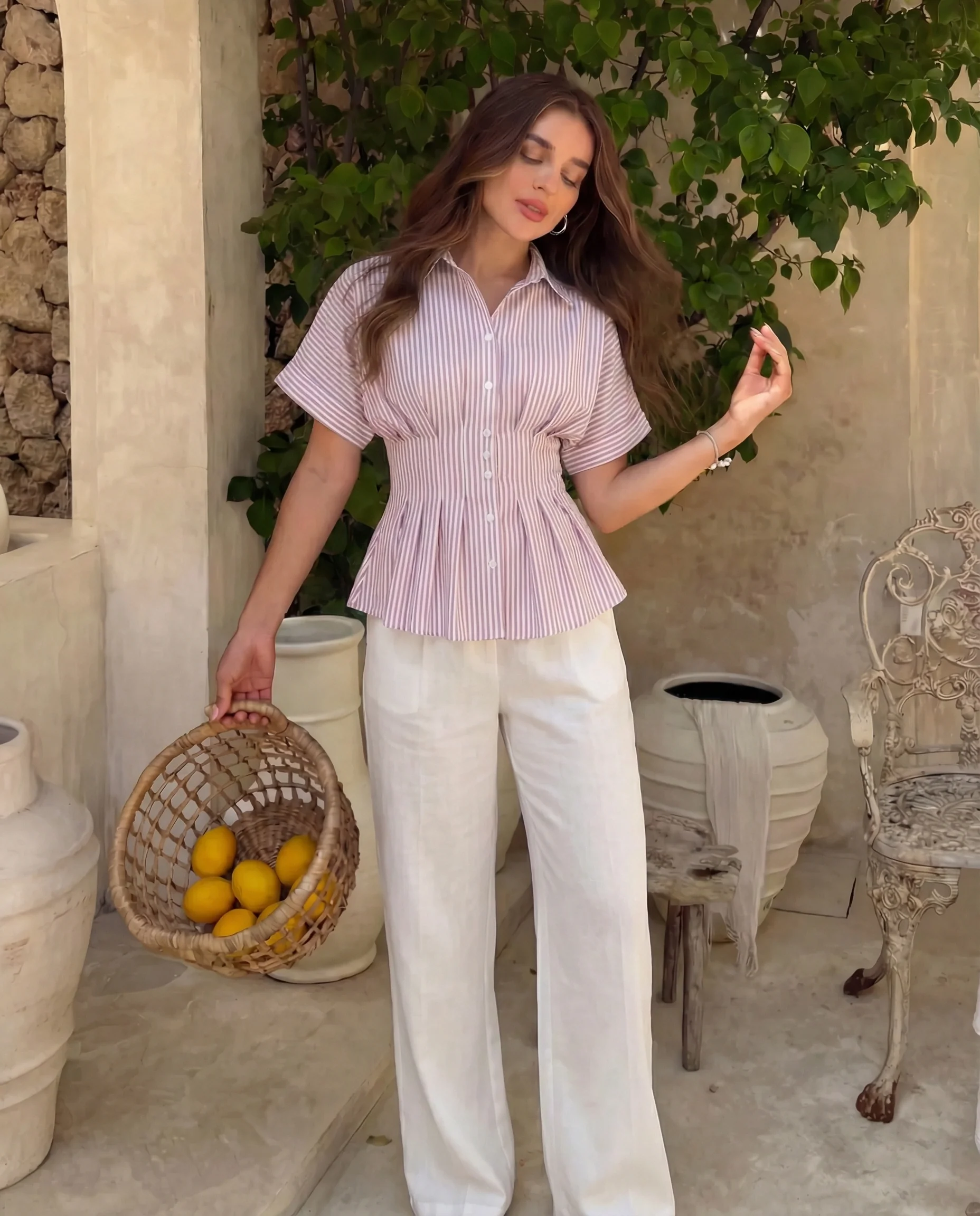 Pleated Cinched Waist Striped Top in Dusty Pink - Image 2