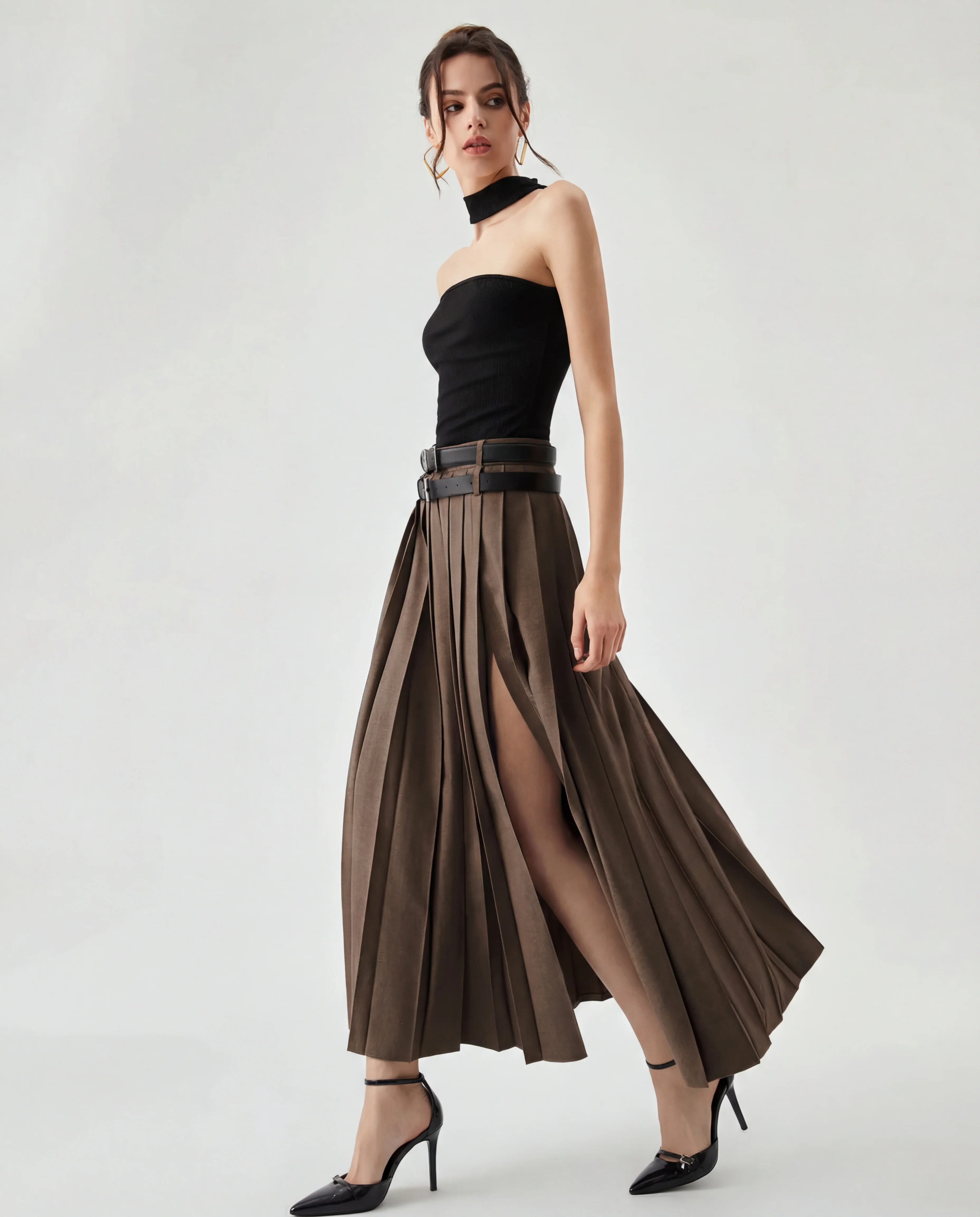 Brown Pleated Split Skirt With Two Detachable Belts - Image 3