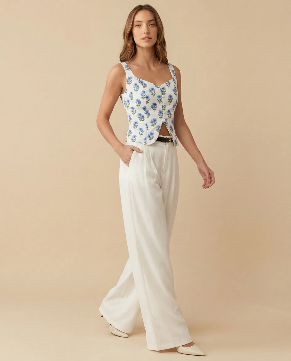 Printed Floral Corset Top With Pleated Korean Pants (Belt Included) - Image 3