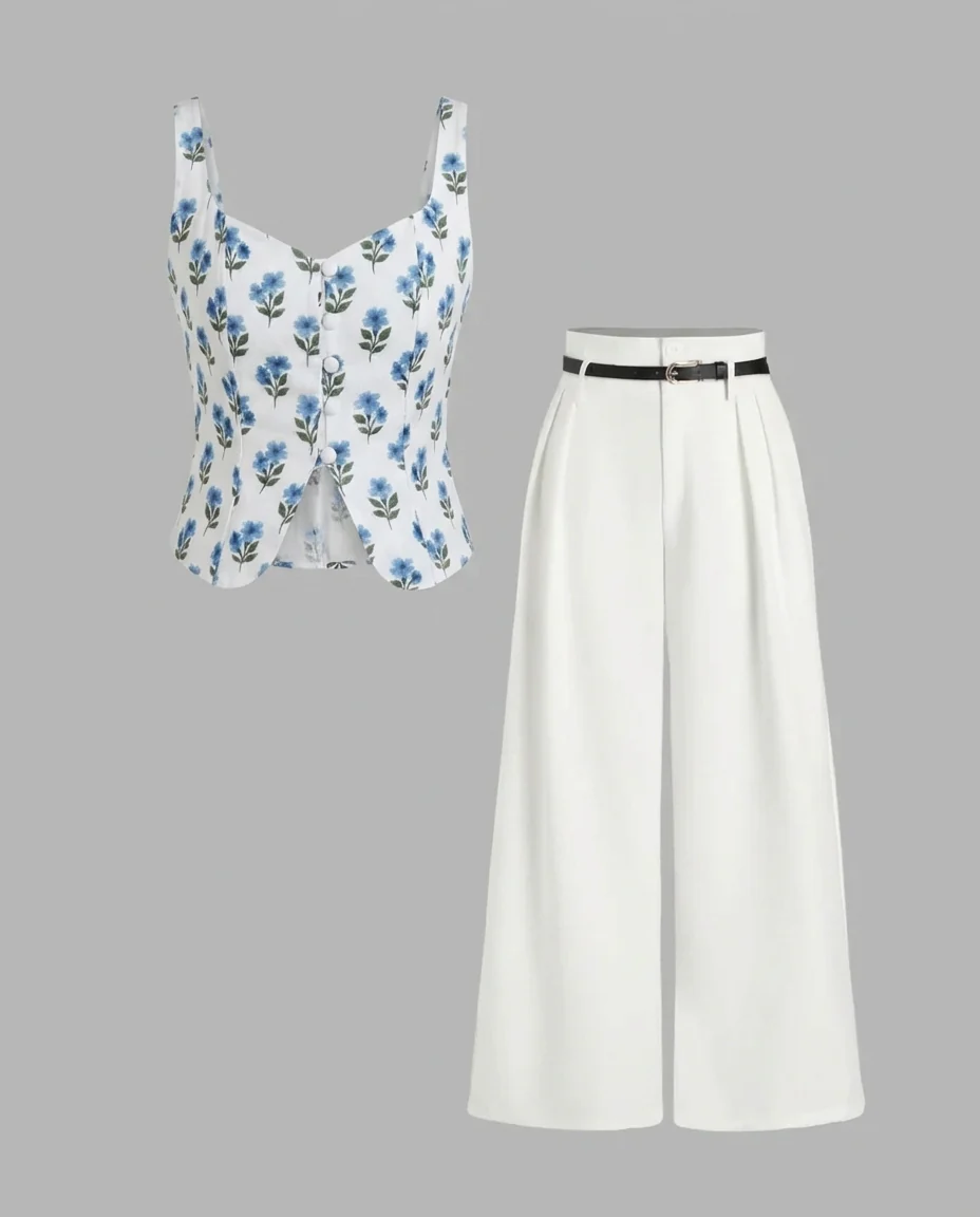 Printed Floral Corset Top With Pleated Korean Pants (Belt Included) - Image 4
