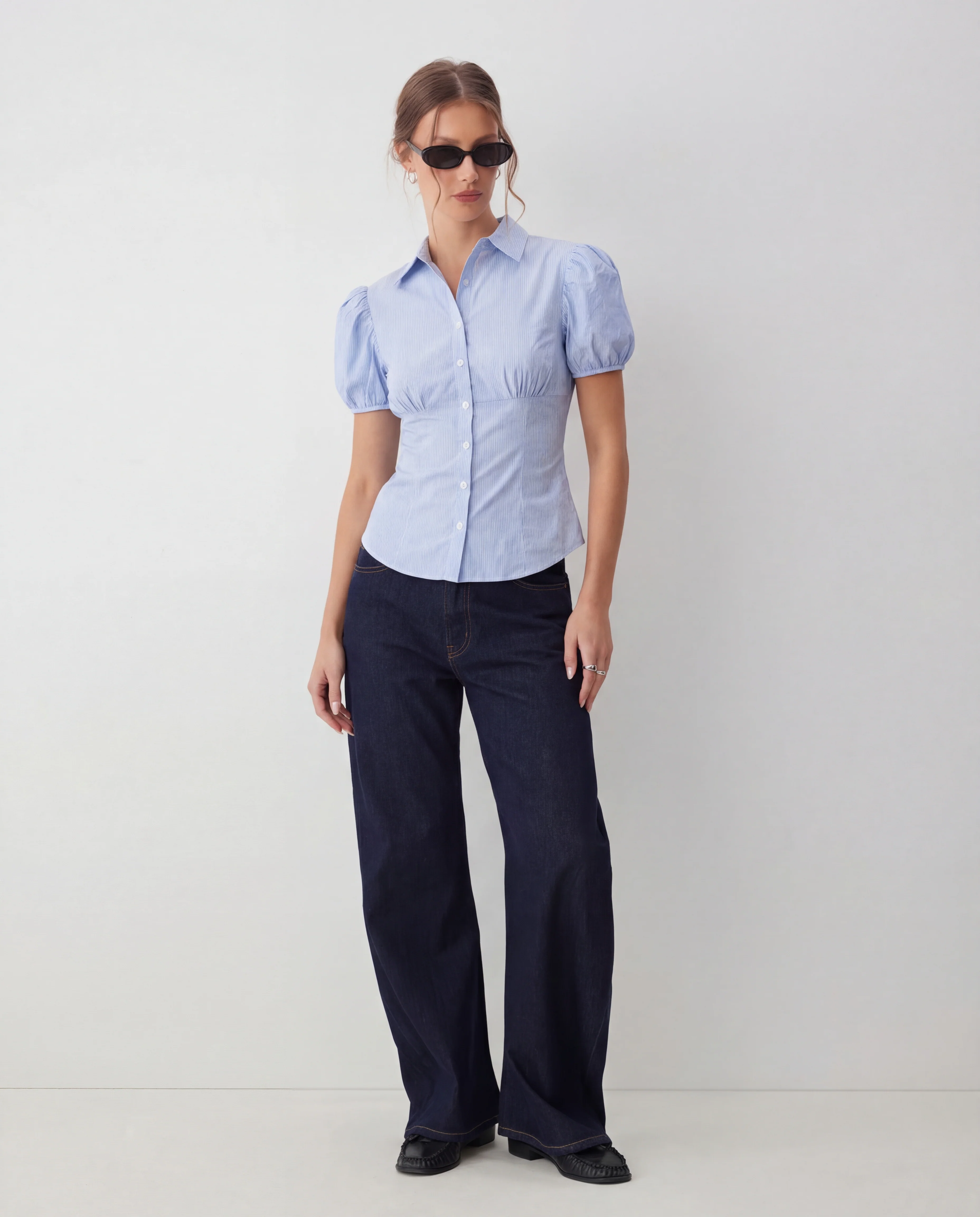 Blue Striped Puff Sleeve Fitted Shirt - Image 2
