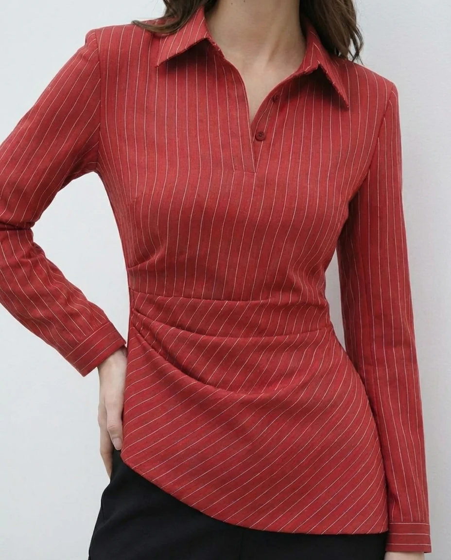 Red Pinstripe Asymmetric Hem Shirt - Image 2