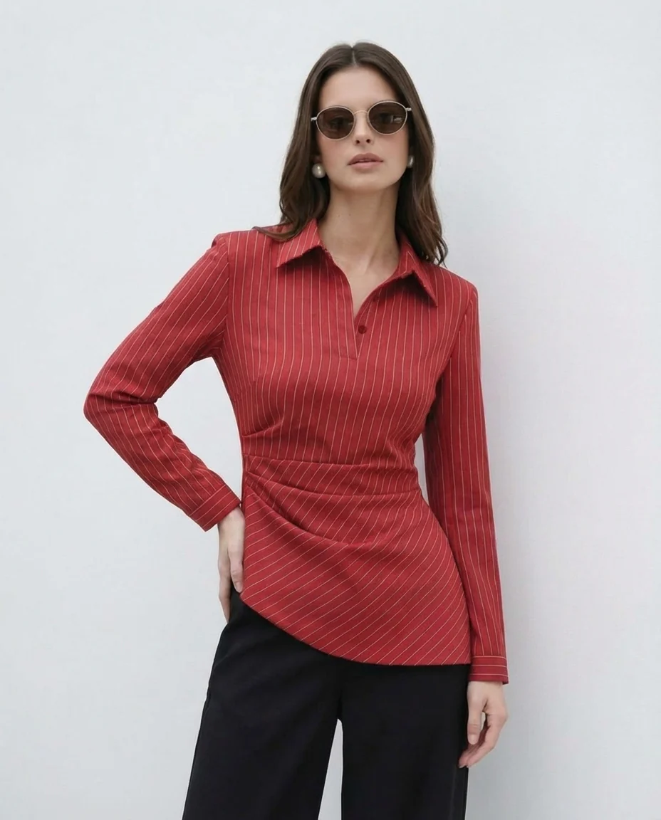 Red Pinstripe Asymmetric Hem Shirt - Image 3
