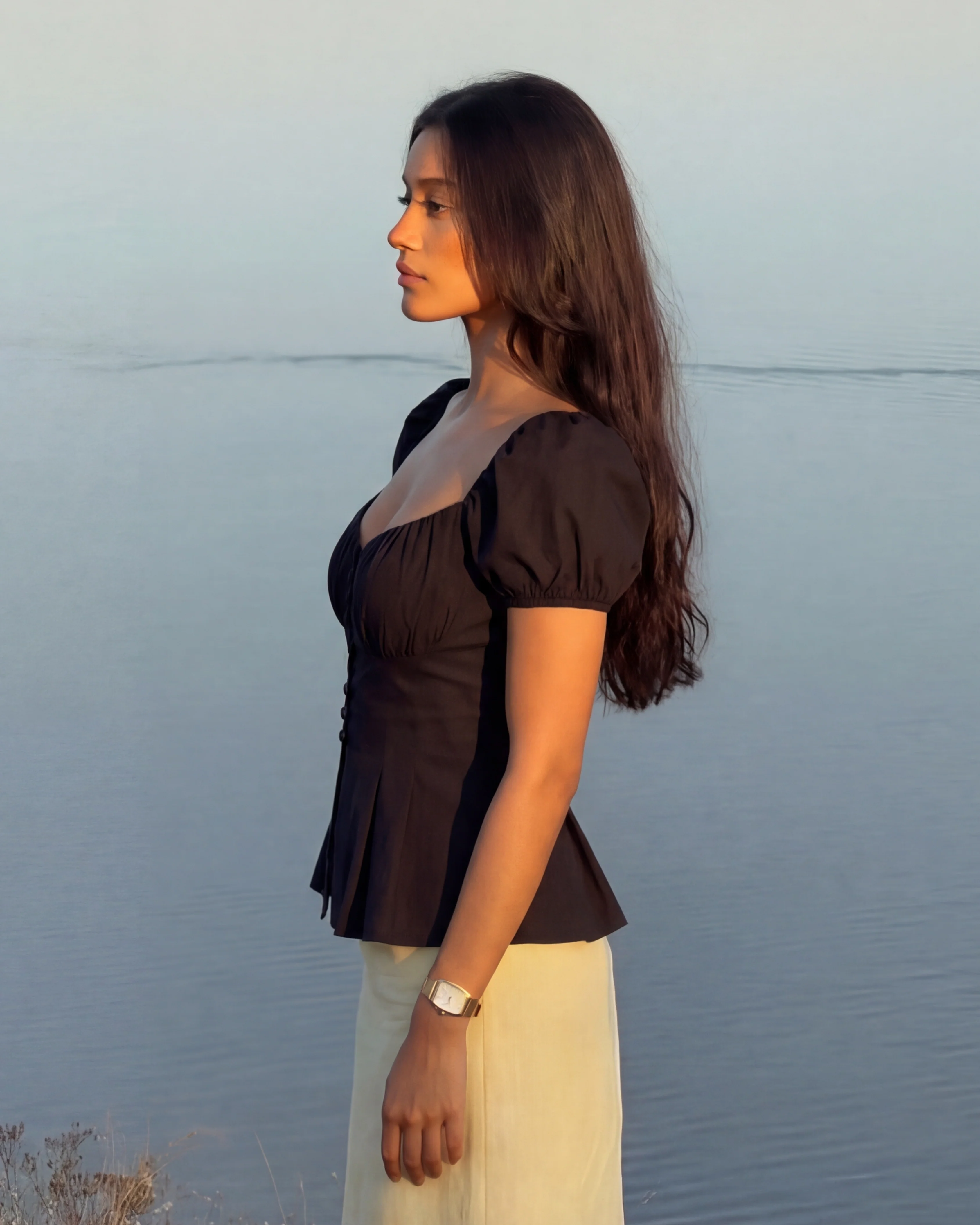 Black Button Up Ruched Peplum Top - Image 2