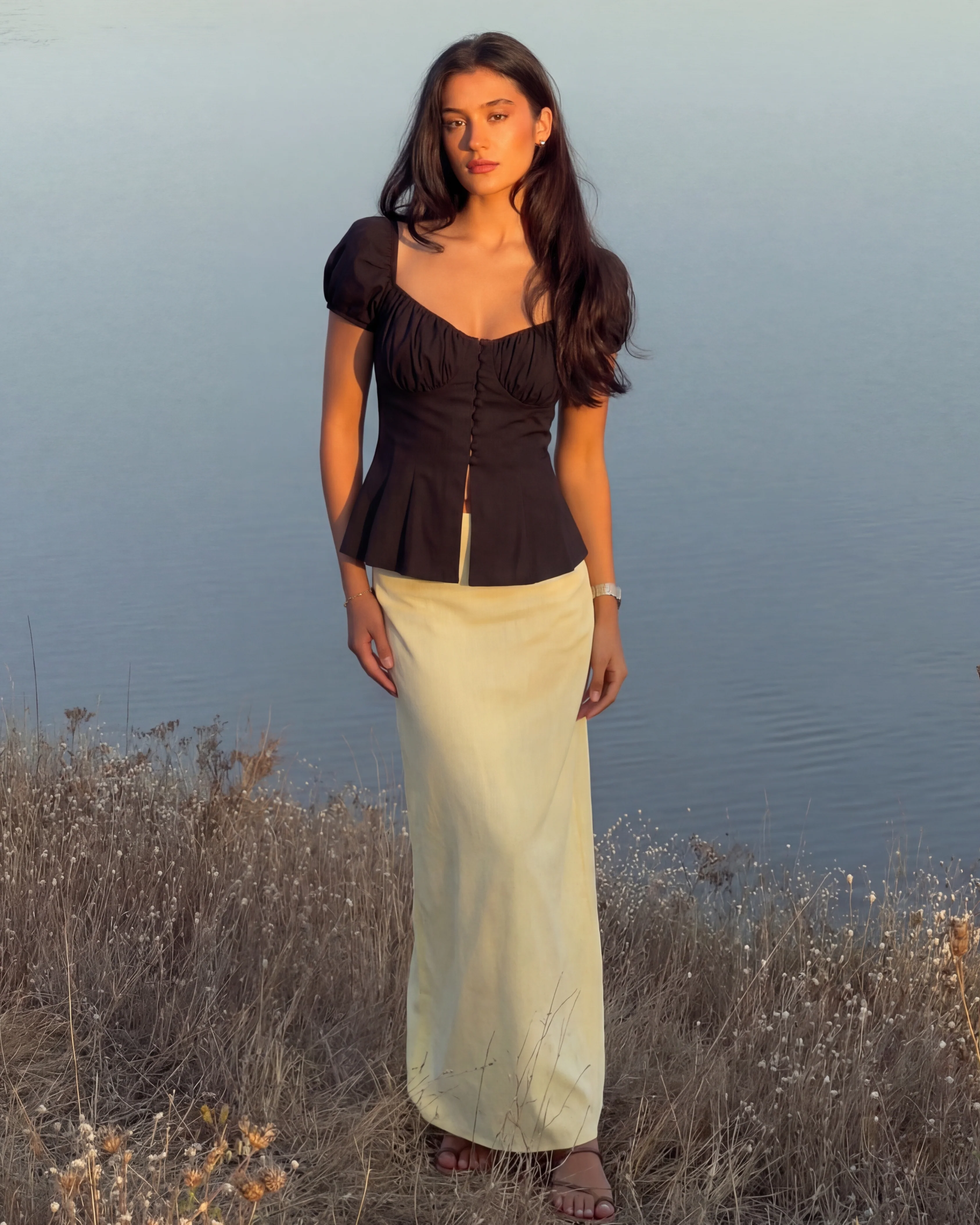 Black Button Up Ruched Peplum Top - Image 3