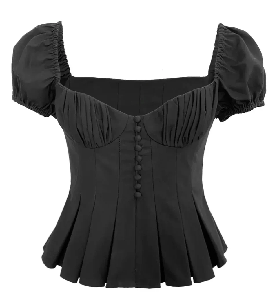 Black Button Up Ruched Peplum Top - Image 6