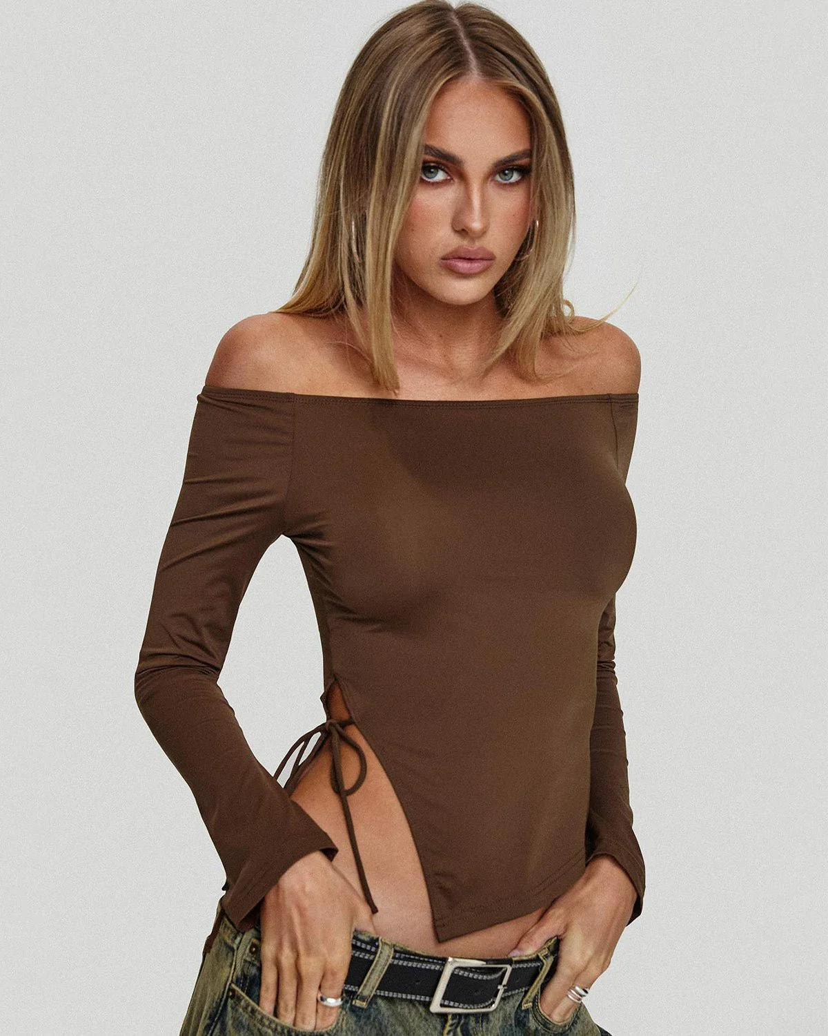 Side Slit Off Shoulder Brown Top