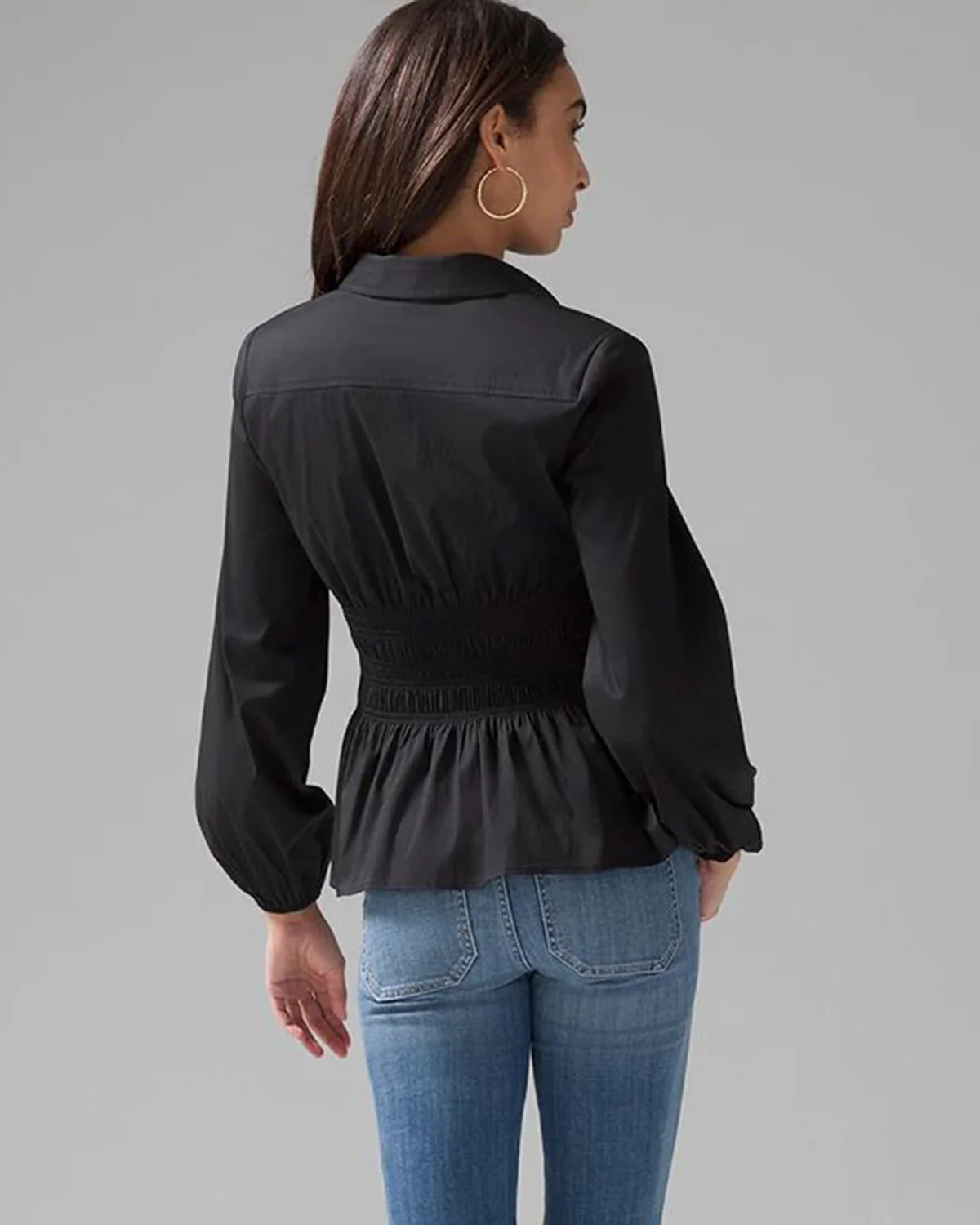 Black Smocked Waist Peplum Button Down Top - Image 3