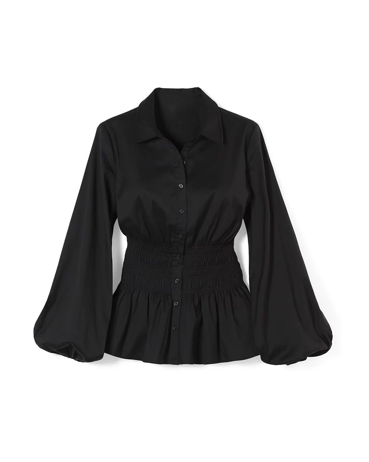 Black Smocked Waist Peplum Button Down Top - Image 5