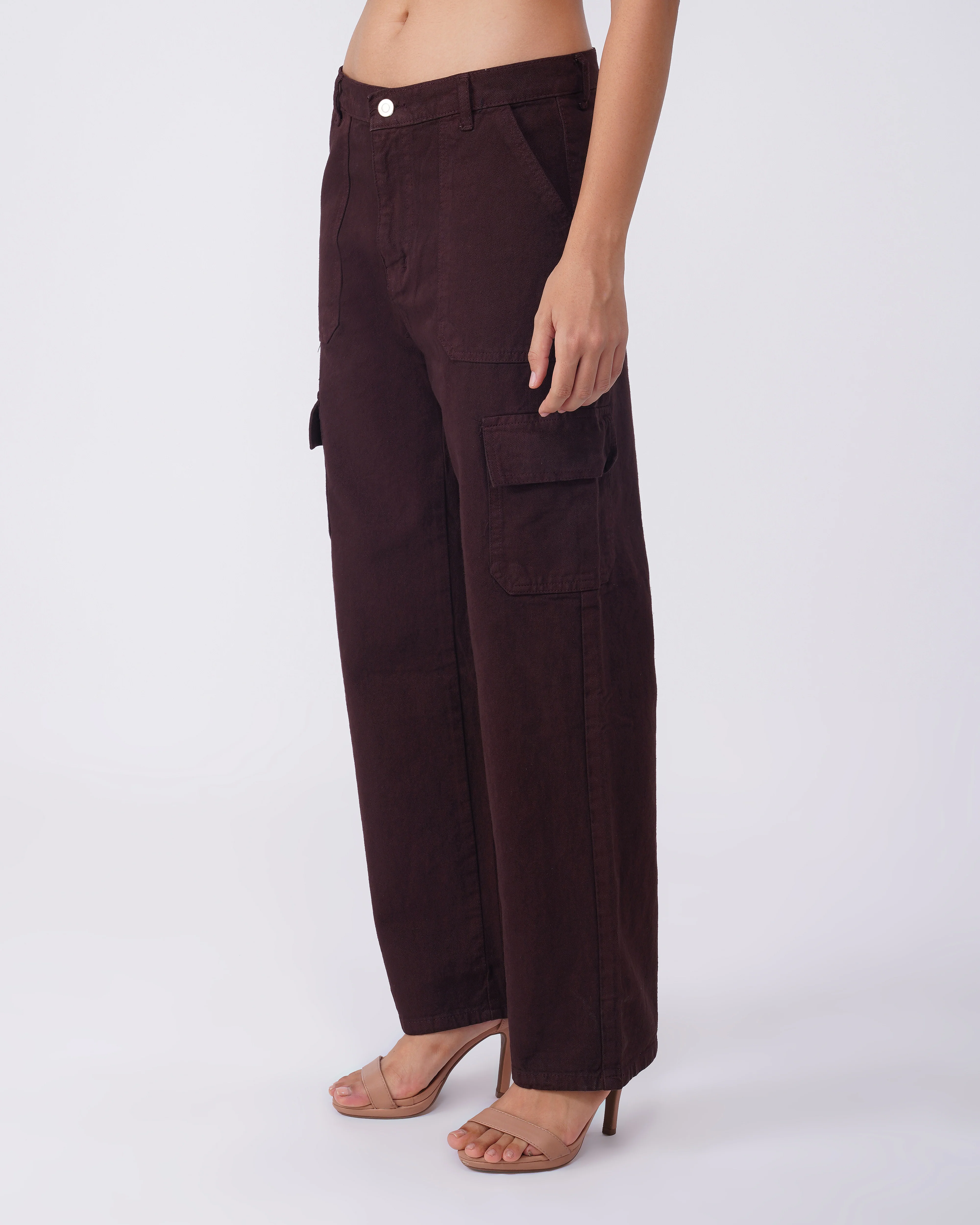 Brown Solid Cargo Jeans - Image 2