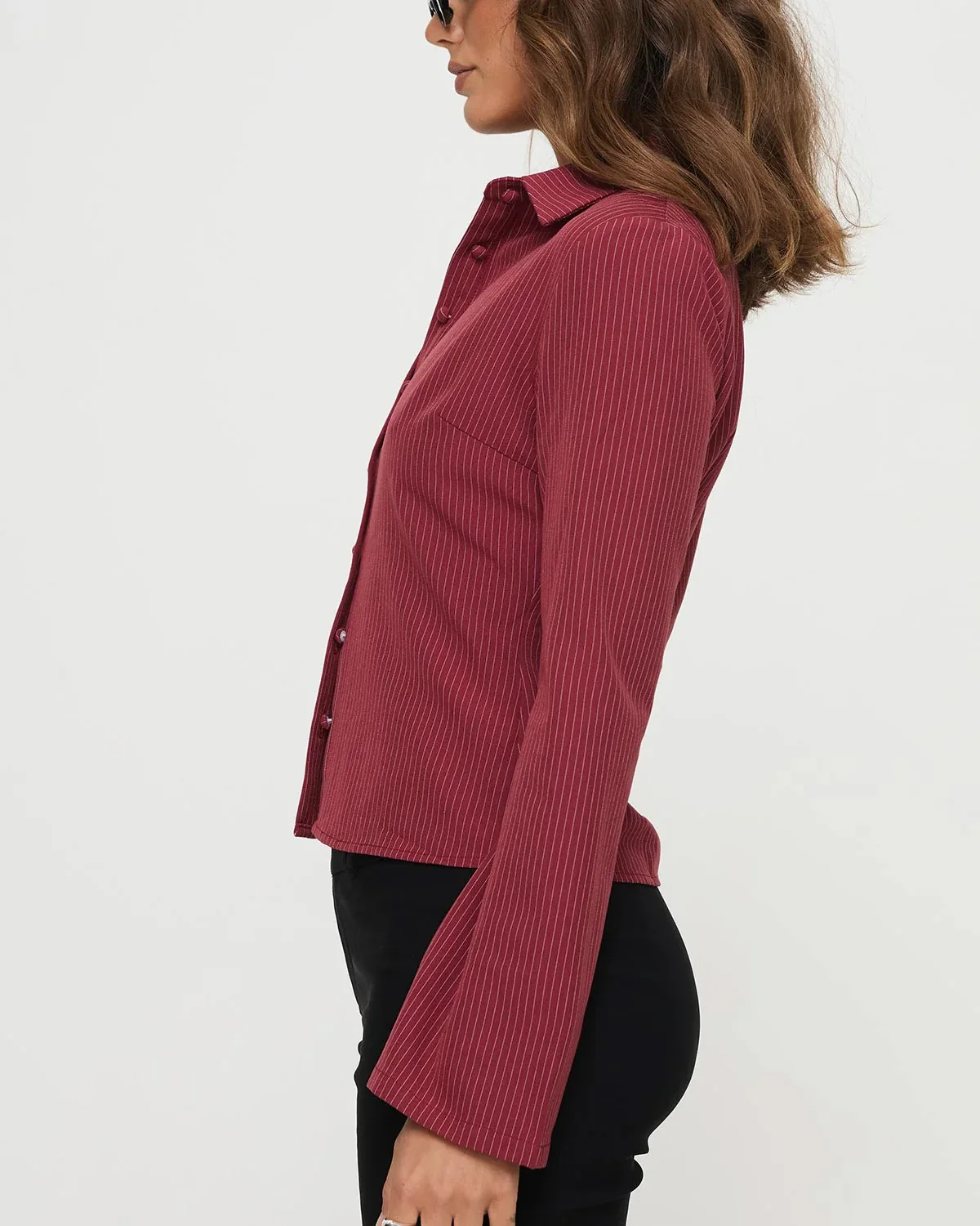 Stippled Stripes Flared Sleeves Shirt in Red - Image 3