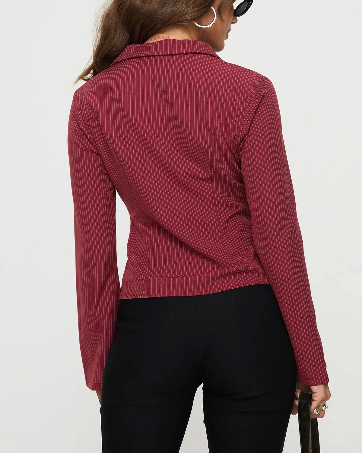 Stippled Stripes Flared Sleeves Shirt in Red - Image 4