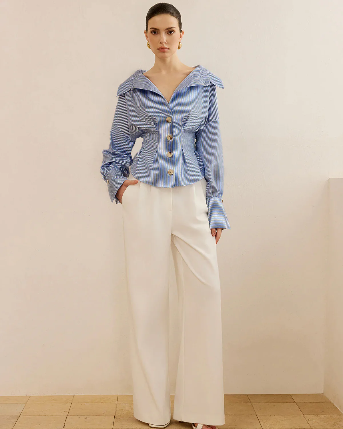 Blue Stripe Shirt With Cinched Waist - Image 6