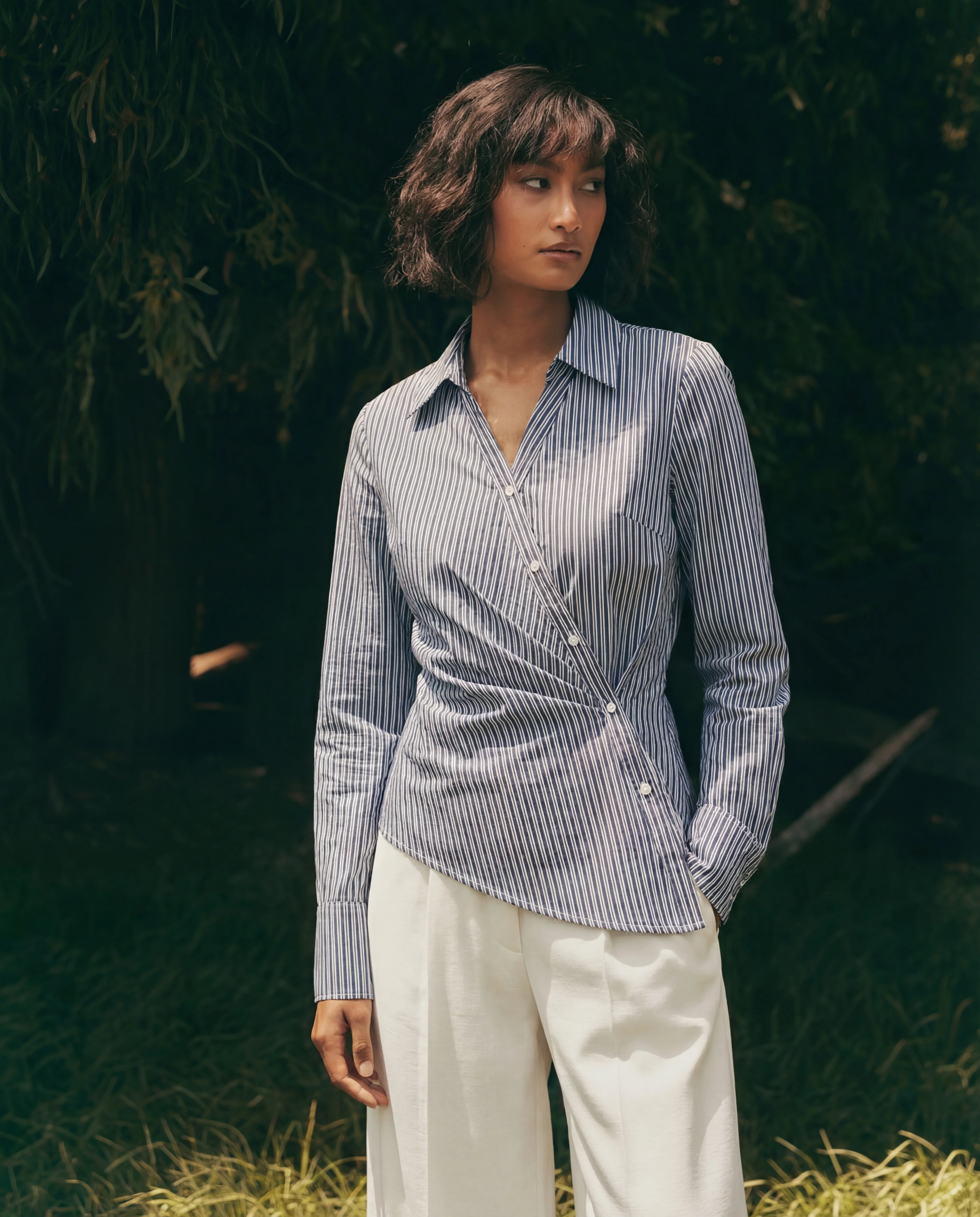 Blue Snatched Waist Striped Shirt