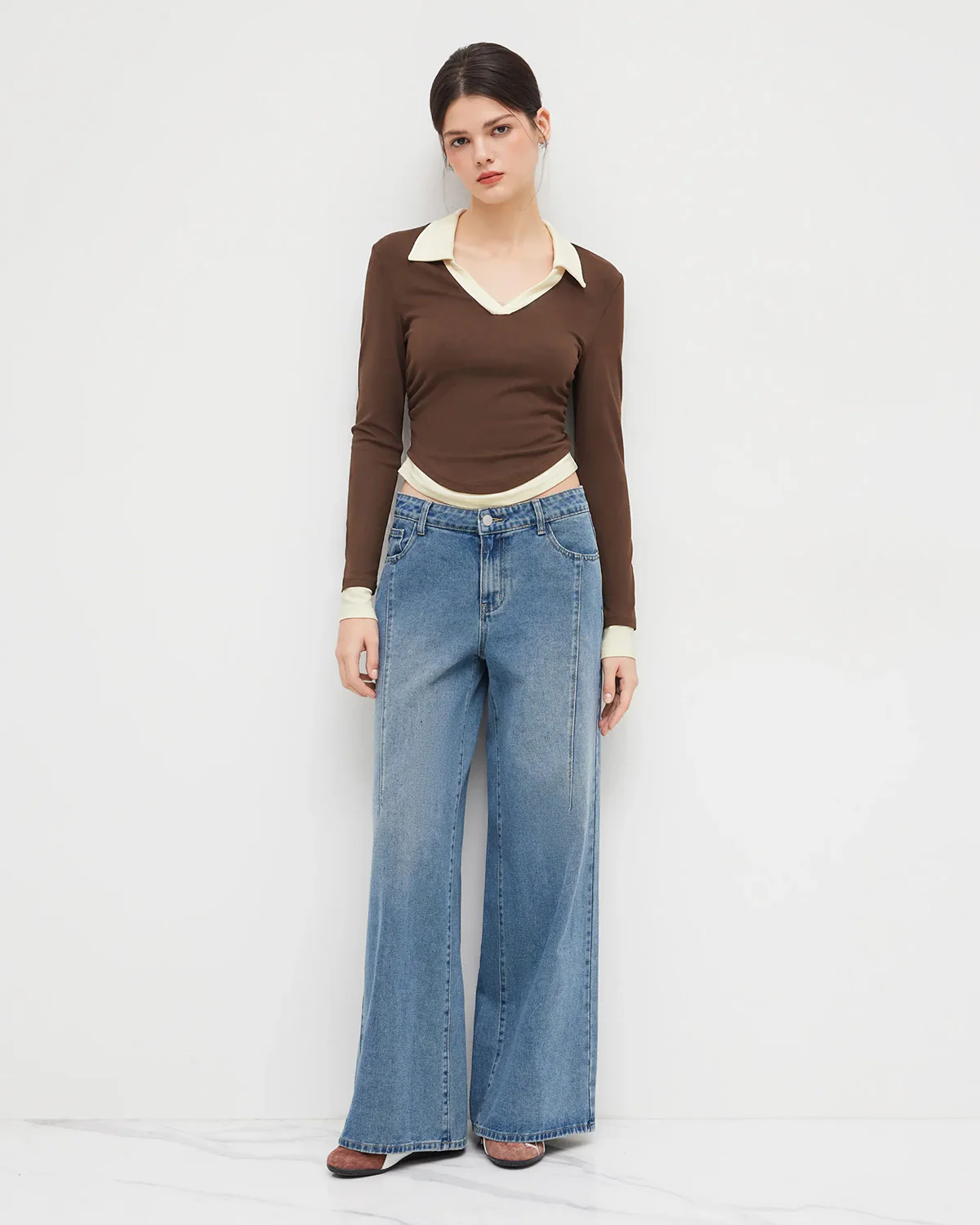 Tipped Collar Ribbed Fitted Top - Image 3