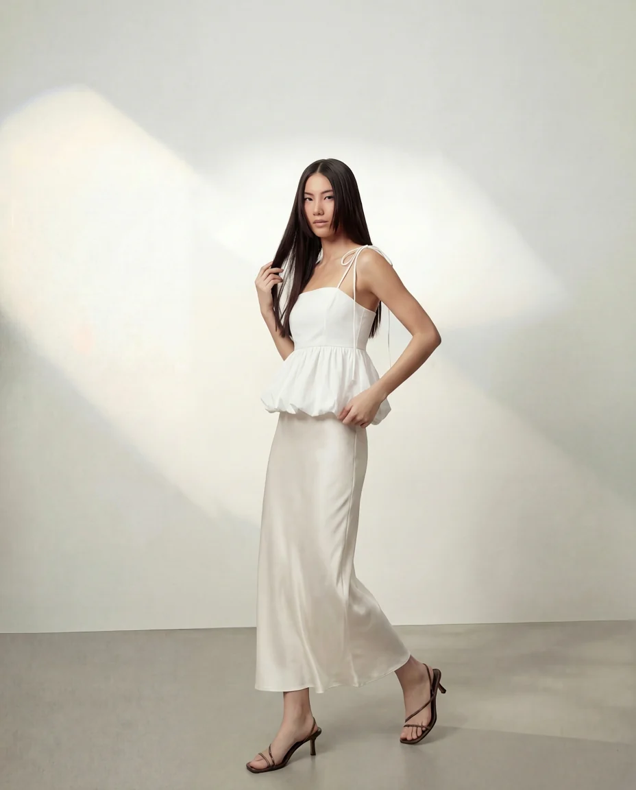 White Bubble Hem Camisole Top With Ivory Satin Skirt - Image 3