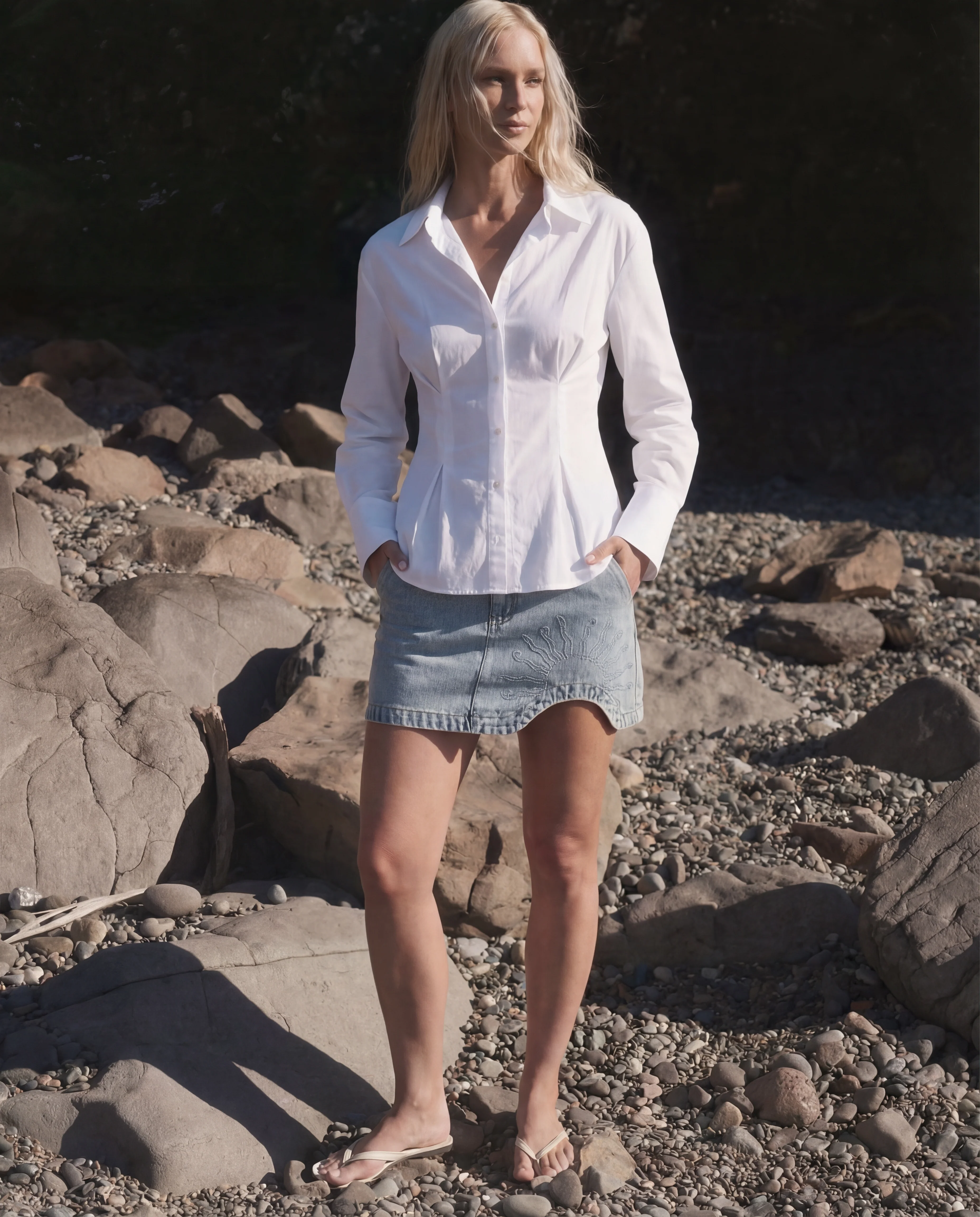 White Buttoned Flared Hem Shirt - Image 3
